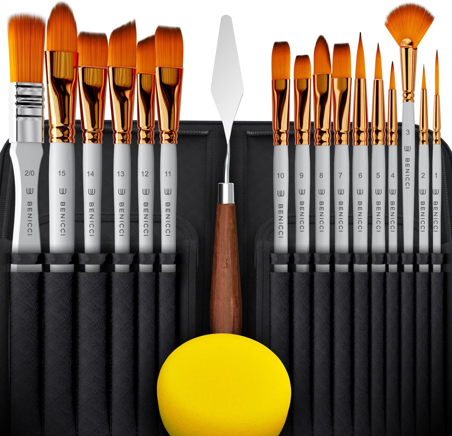 Artist Paint Brush Set of 16 - Includes Spatula Palette Knife, Sponge & Organizing Case - Premium Paint Brushes for Acrylic Painting, Watercolor, Oil - Perfect for Kids, Adults or Professionals