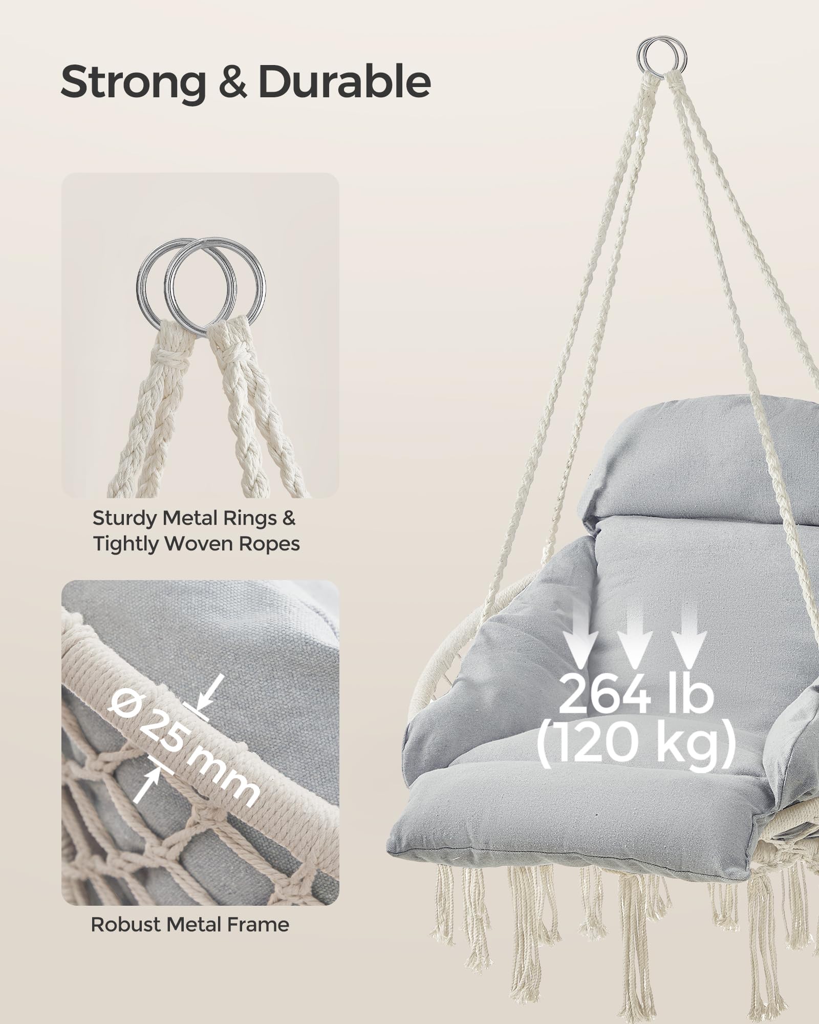 SONGMICS Hanging Chair, Hammock Chair with Large, Thick Cushion, Boho Swing Chair for Bedroom, Patio, Balcony, Garden, Holds up to 264 lb, Accessories Included, Cream White UGDC042M01