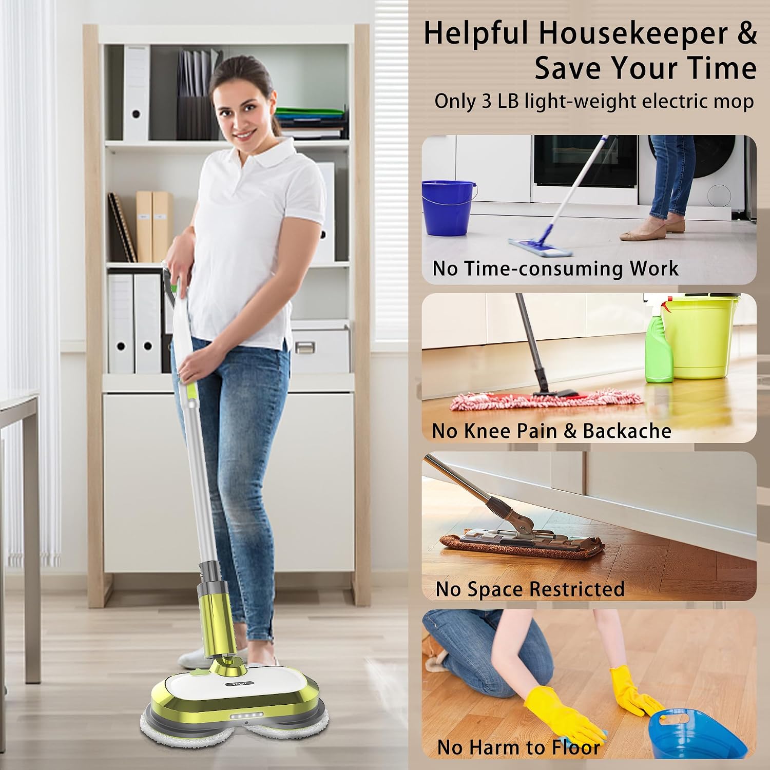 VMAI Cordless Electric Mop with Water Spray & Detachable Battery, Rechargeable Floor Spin Mop & Scrubber with LED Headlights, Washable Pads, Lightweight for Hardwood Tile Marble Floor Cleaning