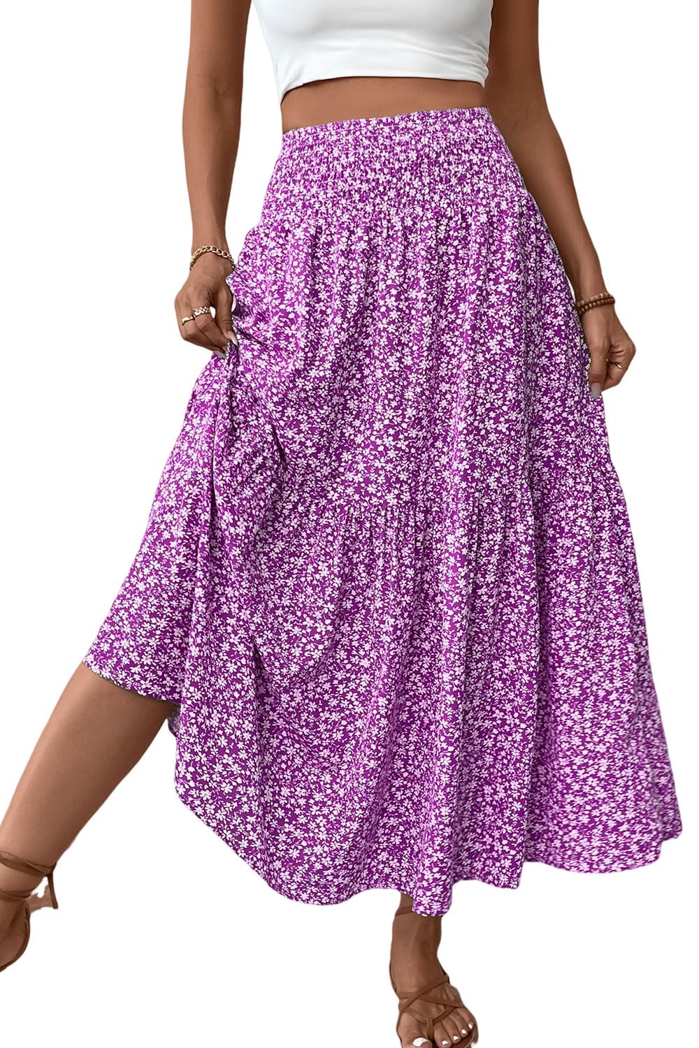 Women's Smocked High Waist Maxi Skirt Casual Boho Long Skirts with Pockets
