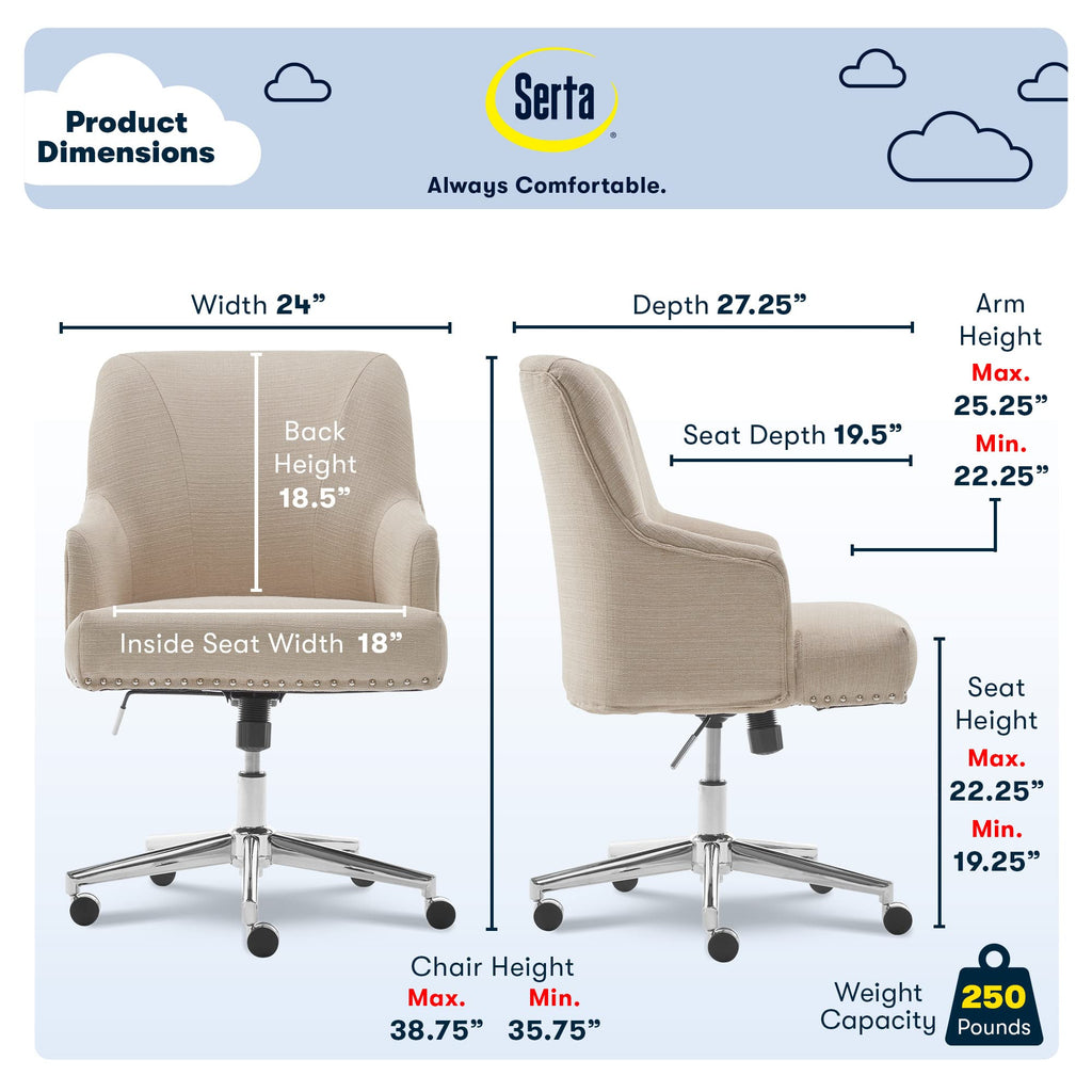 Serta Scarlett Modern Office Chair, Pleated and Curved Mid-Back Desk Chair, Pocket Coil Seat Cushion, Padded Armrests, Vanity Armchair with Wheels, Swivel Gold Base, Beige Velvet Fabric