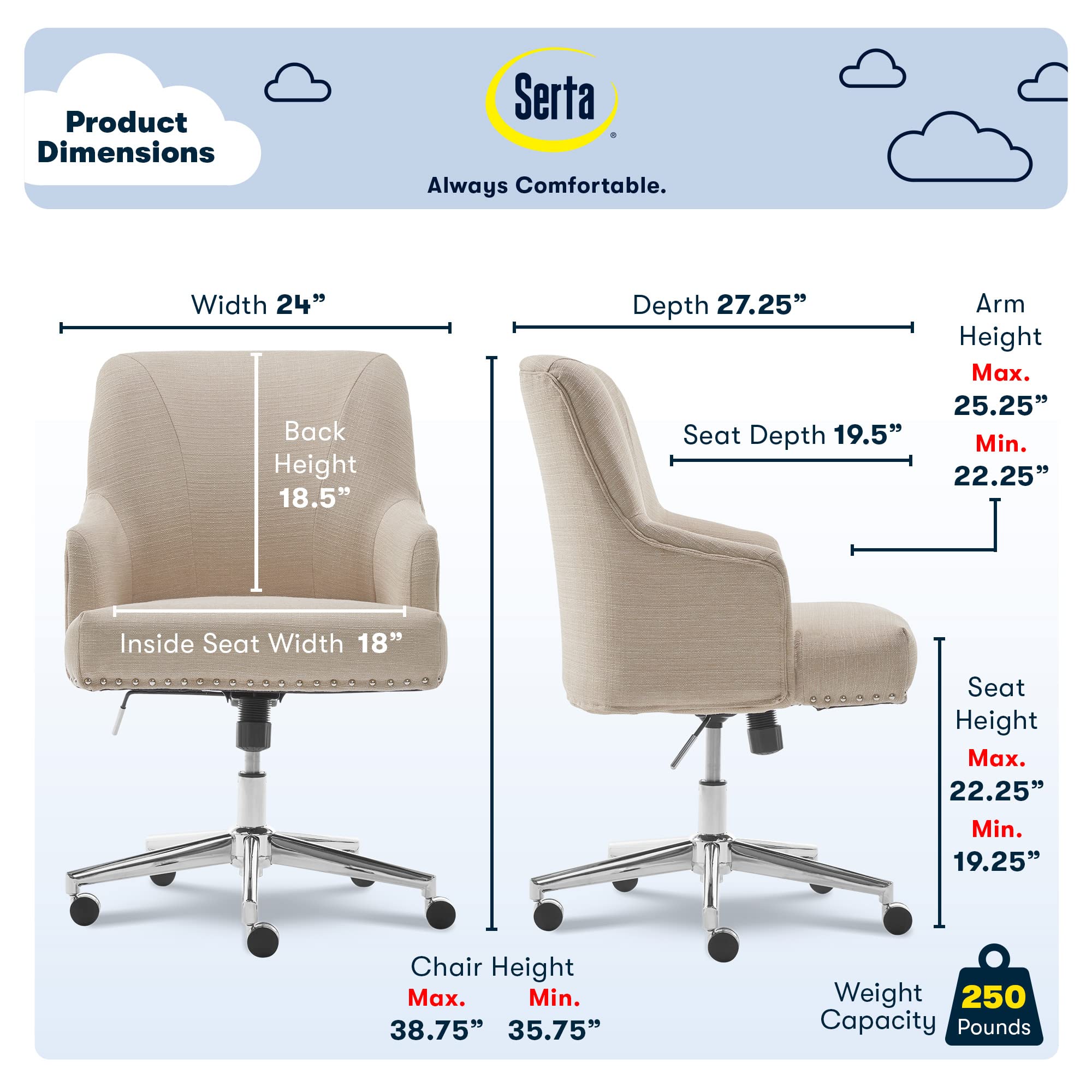 Serta Scarlett Modern Office Chair, Pleated and Curved Mid-Back Desk Chair, Pocket Coil Seat Cushion, Padded Armrests, Vanity Armchair with Wheels, Swivel Gold Base, Beige Velvet Fabric