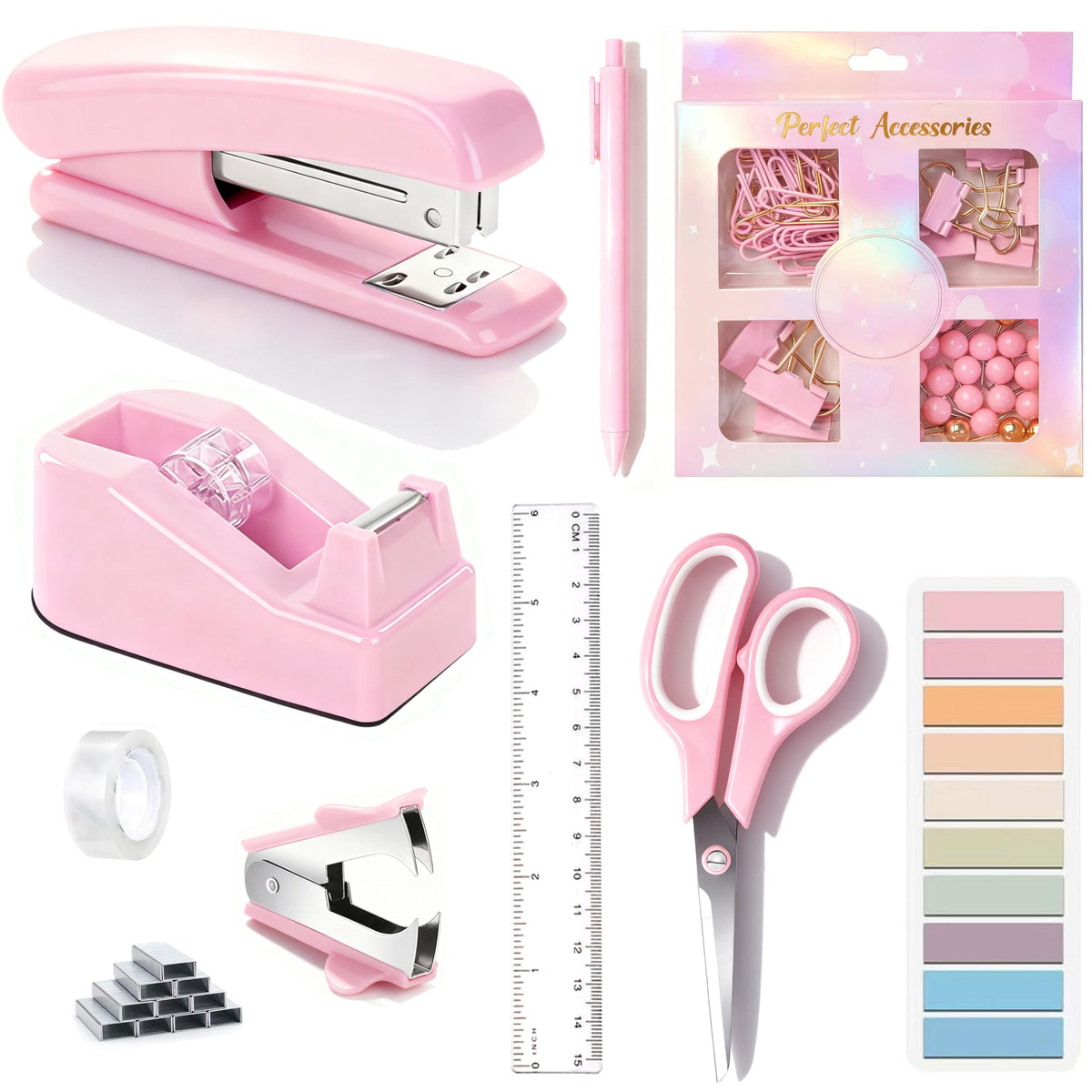 Dimonluce Office Desk Accessories, Black Office Supplies Accessories with Tape Dispenser, Stapler, Staple Remover, 1000 Staples, Tape, Clips Set, Ruler, Scissor, Pen