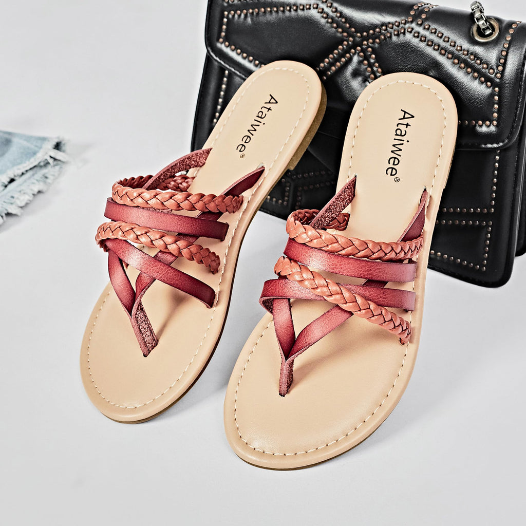 Ataiwee Women's Casual Flat Slide Sandals - Dressy Comfortable Criss Cross Strappy Summer Sandals,Open Toe Multi Strap Beach Flat Thong Sandals.