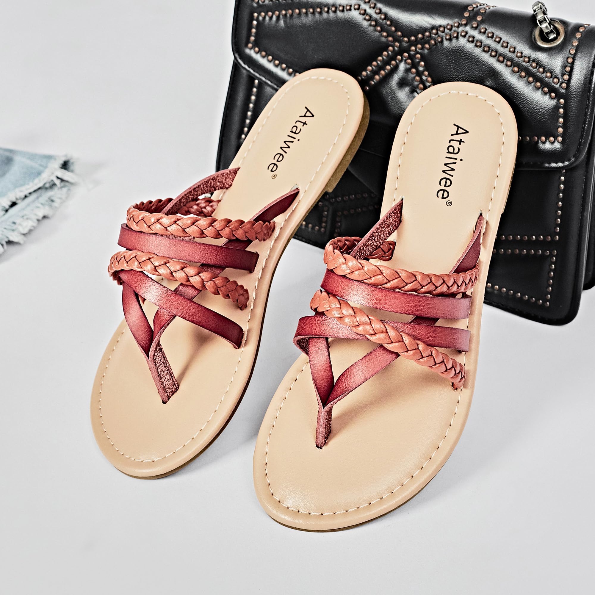 Ataiwee Women's Casual Flat Slide Sandals - Dressy Comfortable Criss Cross Strappy Summer Sandals,Open Toe Multi Strap Beach Flat Thong Sandals.