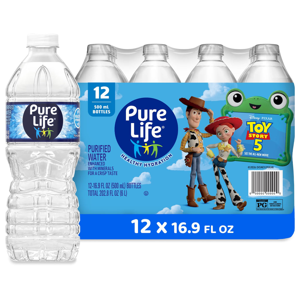 Pure Life Purified Bottled Water, 12 Pack - Still Drinking Water Enhanced with Minerals for a Crisp Taste - 16.9 Fl Oz - Toy Story 5 Packaging Graphics