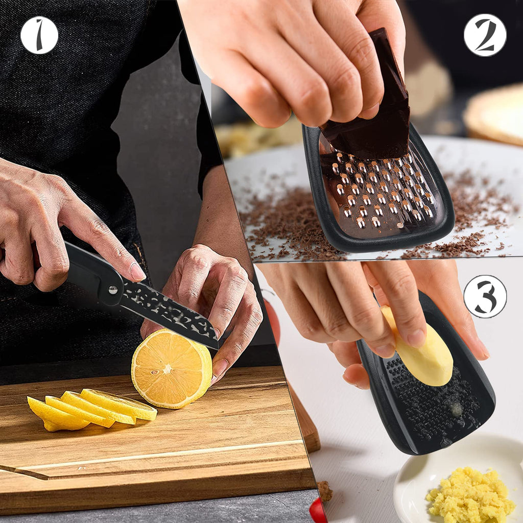 5 Pieces Kitchen Gadgets Set - Space Saving Cooking Tools Accessories Cheese Chocolate Grater, Fruit Vegetable Peeler, Bottle Opener, Pizza Cutter, Burlap Bags with Drawstring Gift Set