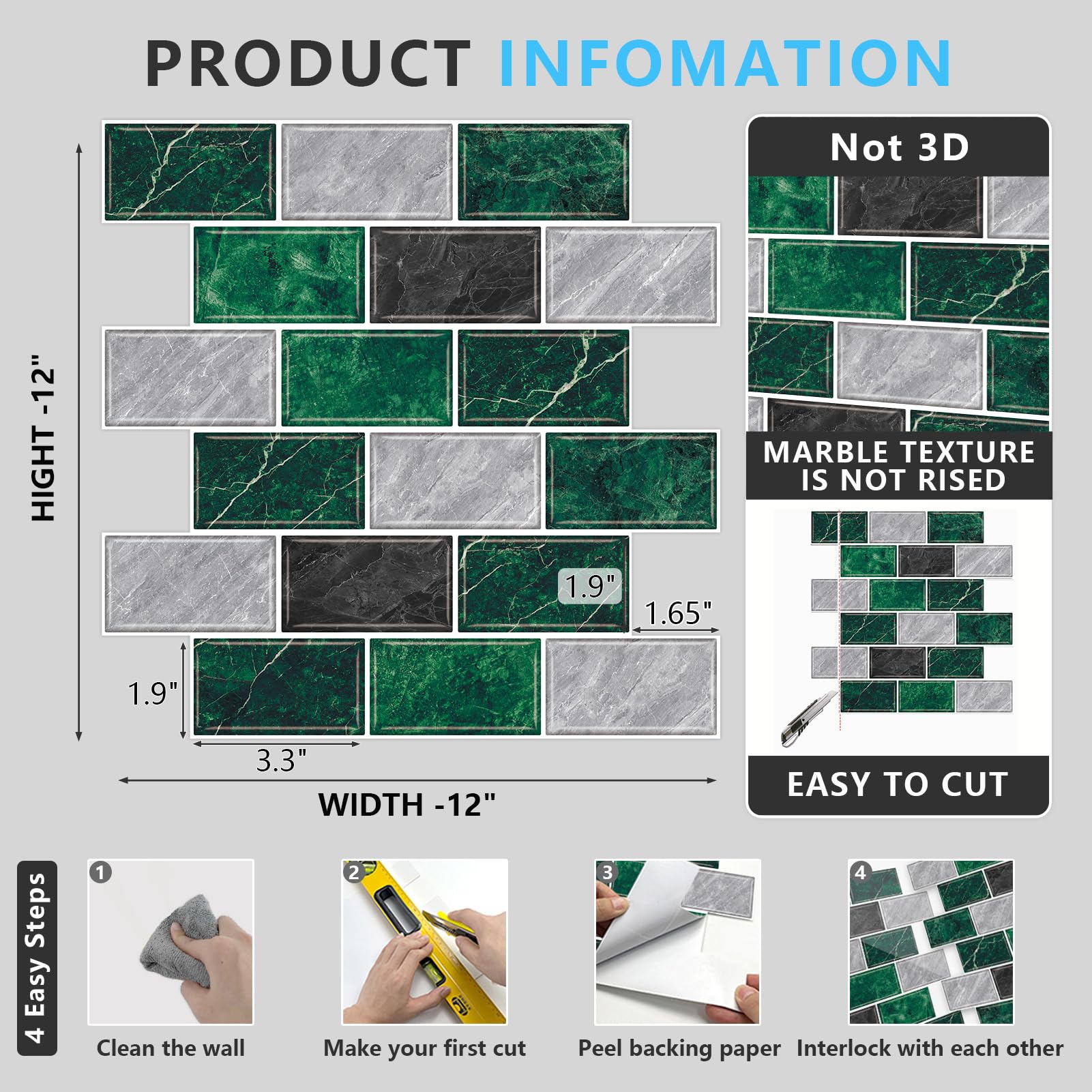URCOLOR 10-Sheet Back Splashes for Kitchens Peel and Stick,12"x12" Self Adhesive Subway Wall Tiles Stick on backsplash Tiles for Bathroom Black Marble