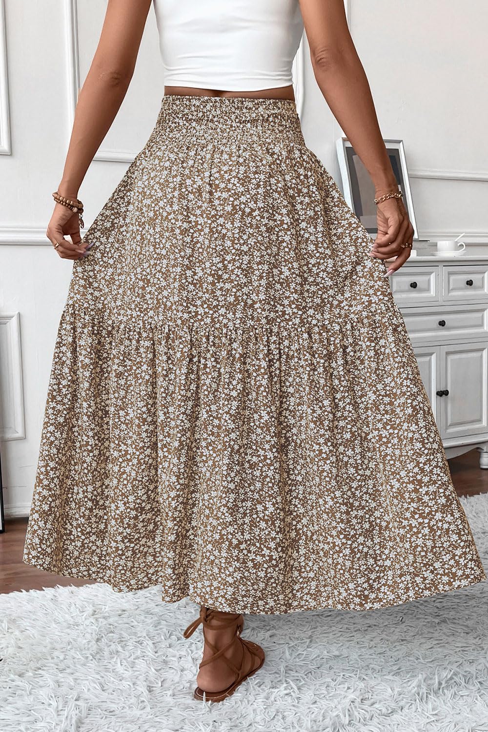 Women's Smocked High Waist Maxi Skirt Casual Boho Long Skirts with Pockets
