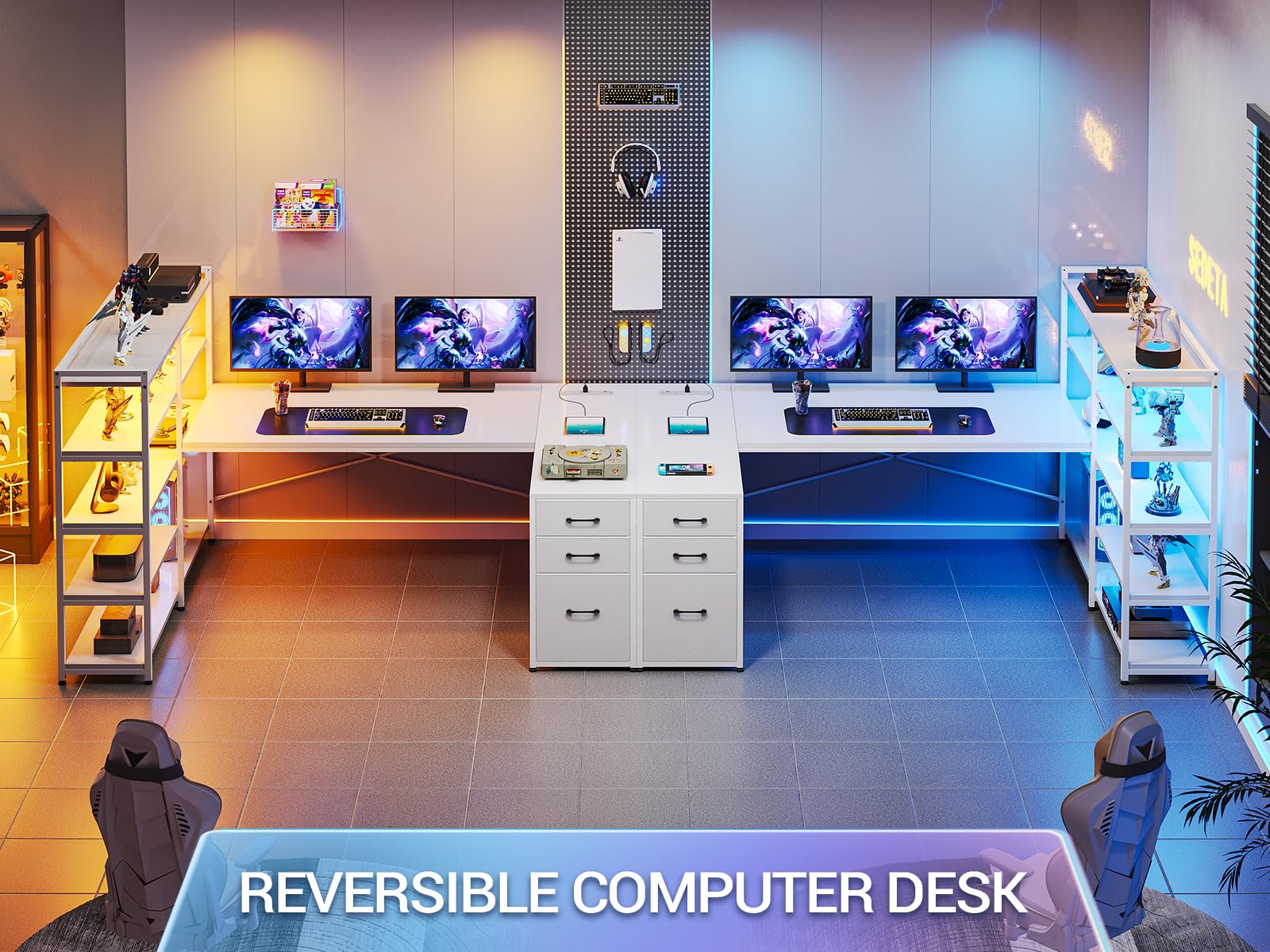 SEDETA L Shaped Gaming Desk, Reversible U Shaped Computer Desk with Power Outlet and Storage Shelves, Corner Gaming Desk with LED Lights, 3 Fabric Drawers, Black