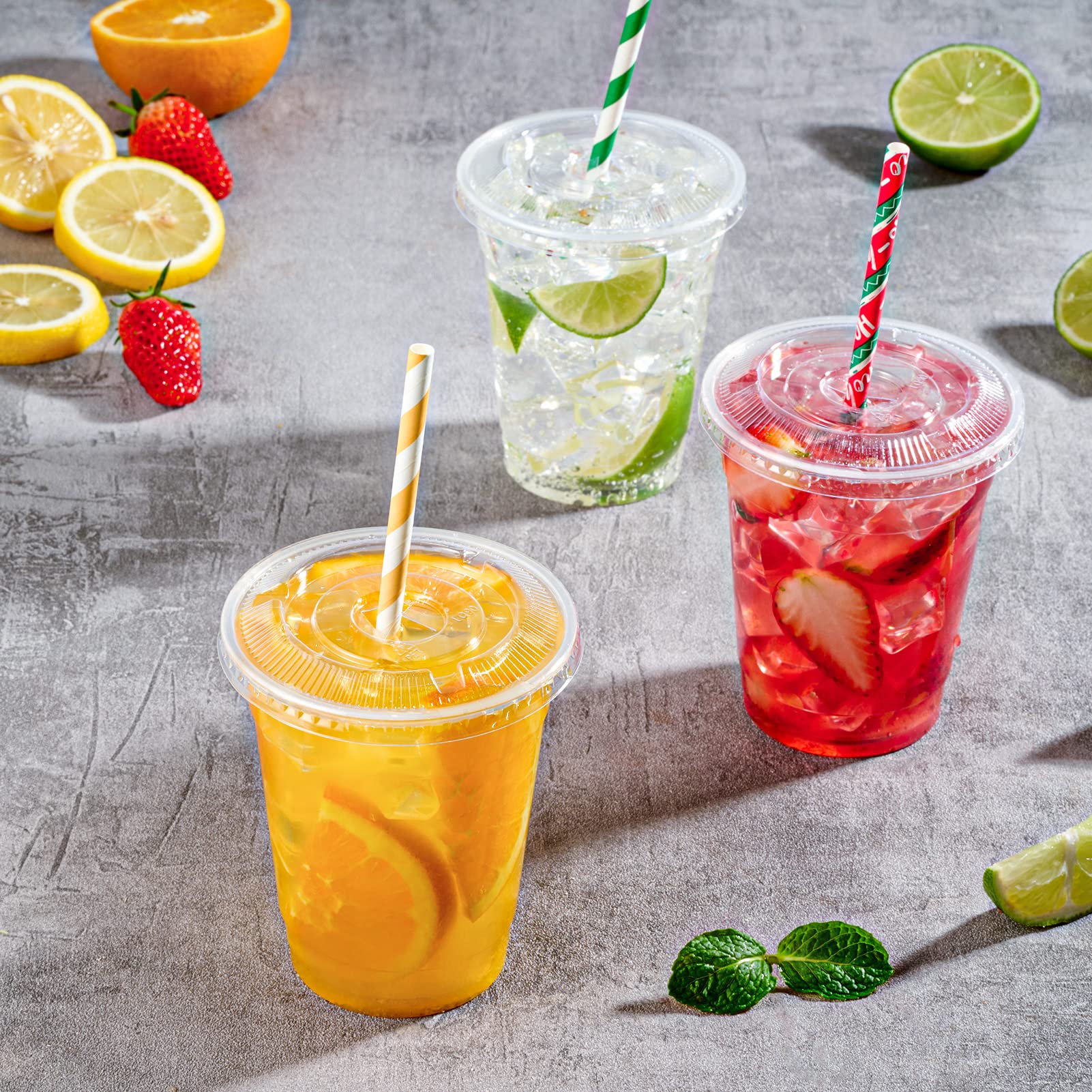 FOCUSLINE 200 PACK 12oz Clear Plastic Cups, Disposable Cold Drinking Cups, 12 Ounce Clear Cups with Dome Lids with Holes for Smoothie, Milkshake, Bubble Tea, Parfait