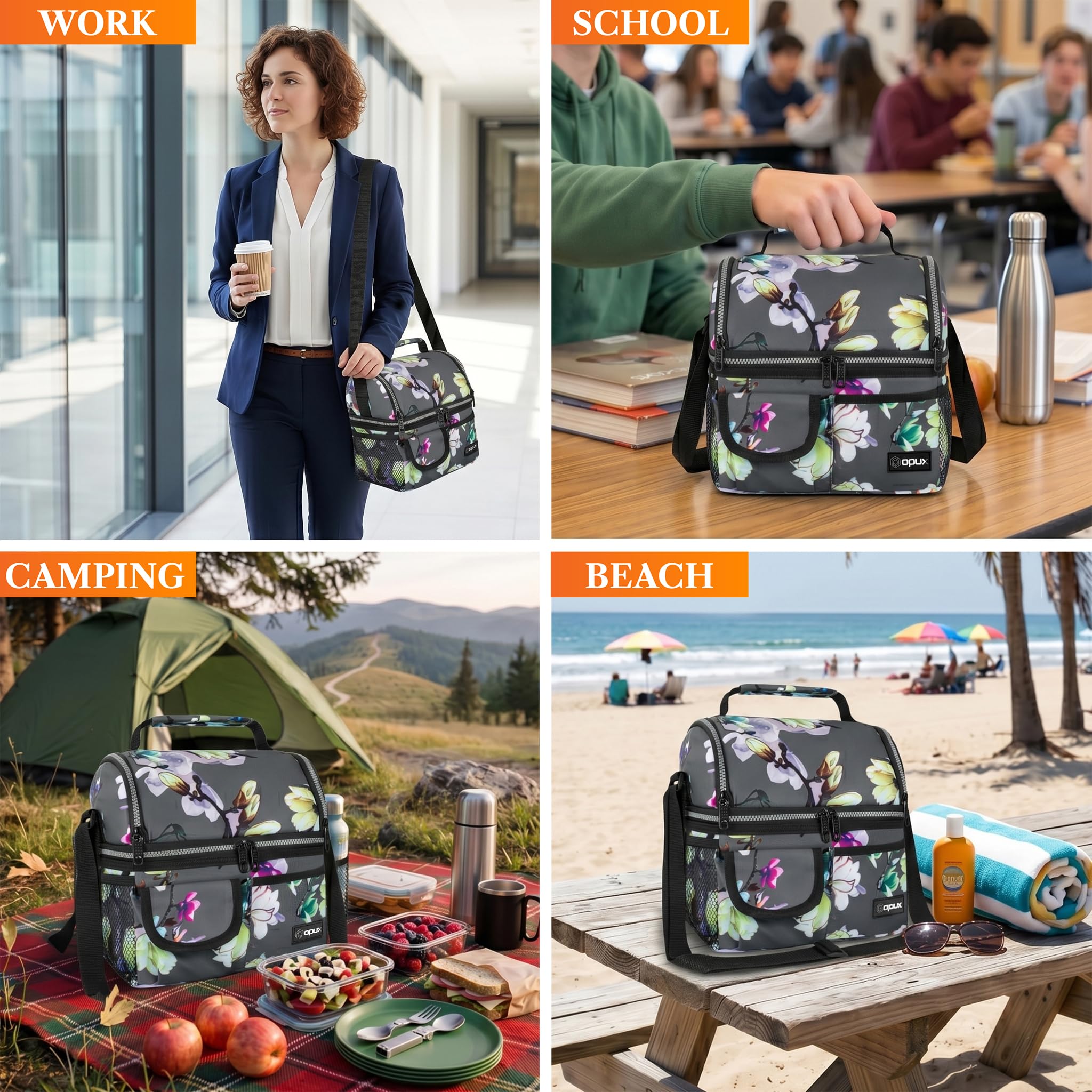 opux Insulated Lunch Bag Women Men, Dual Compartment Leakproof Lunch Box Adults Kids, Double Decker Meal Prep Bento Lunch Cooler Tote with Shoulder Strap for Work Office School Travel, Black