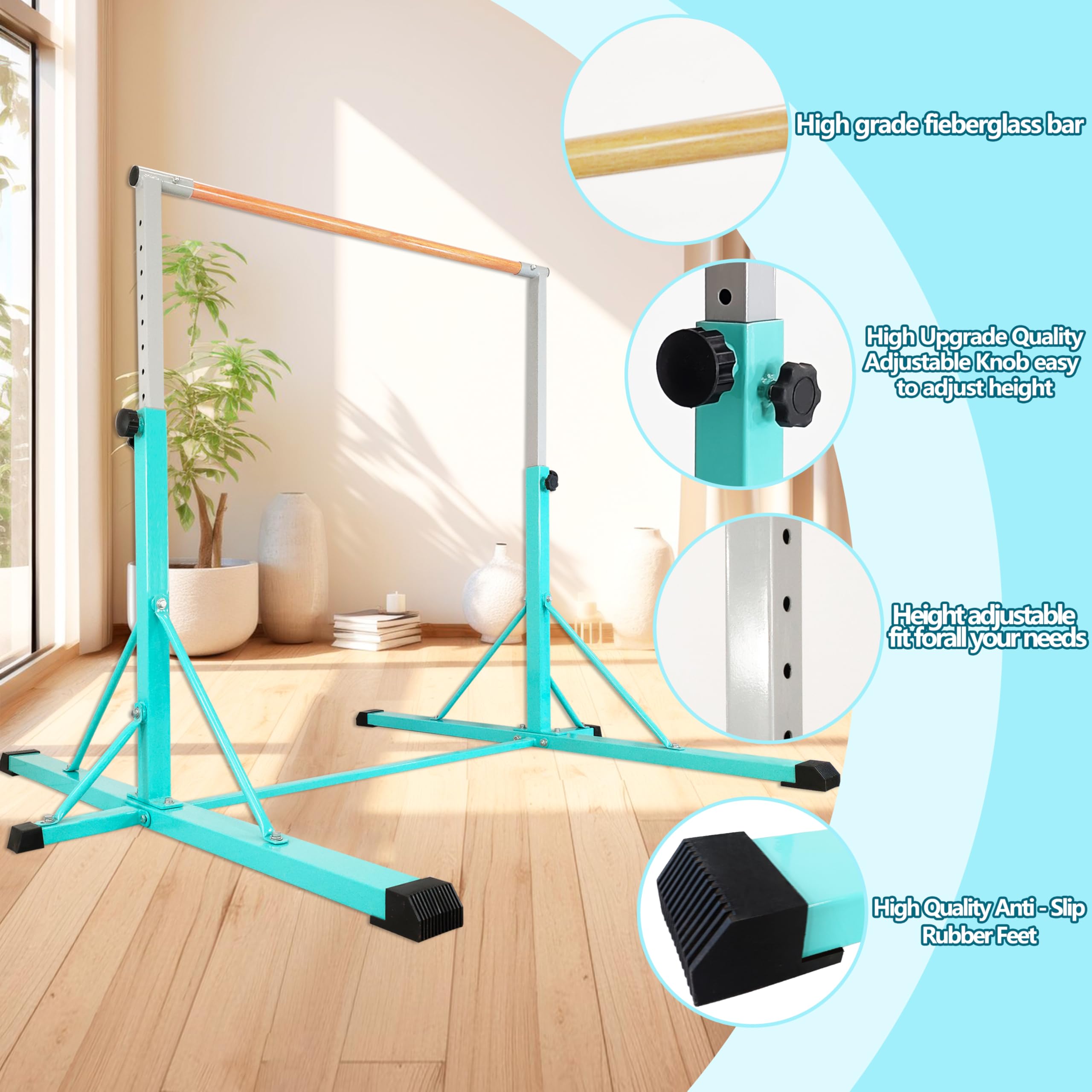 FC FUNCHEER Gymnastics Bar for Kids Ages 3-15, 35" to 60" Adjustable Height, 4FT Wide Base - Professional Kip Bar with 360° Stability & Fiberglass Crossbar, Easy Fold&Solid Design for Home Training