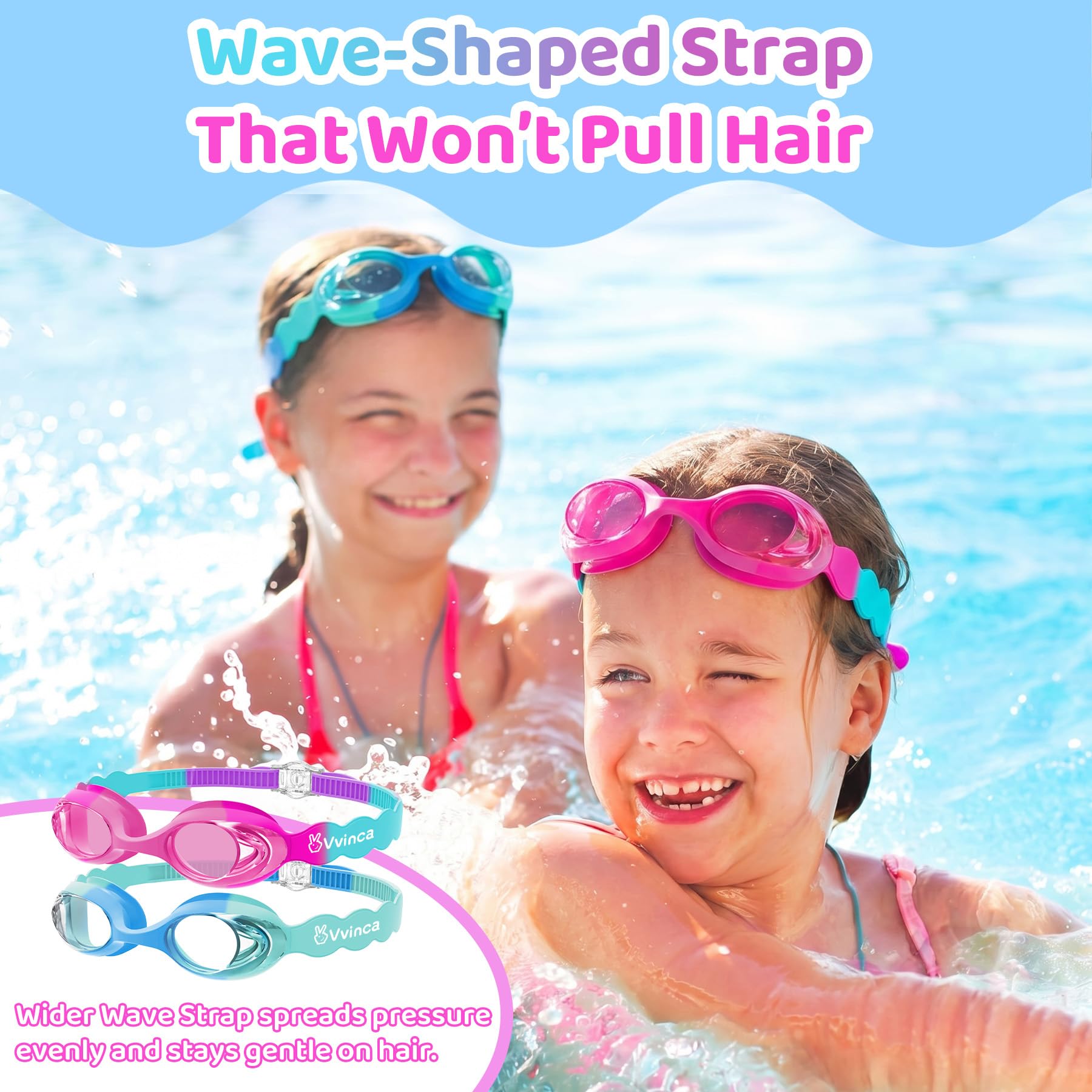 Vvinca Kids Swim Goggles with Fabric Strap No Tangle Pain-Free, Anti-Fog Swimming Pool Goggle No Leak for Toddlers Girls Boys