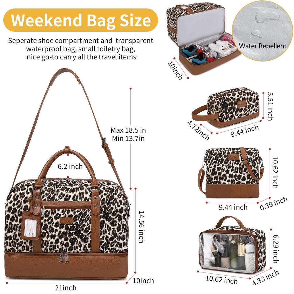 Wogarl 4PCS Weekender Bags for Women Large Overnight Weekend Travel Duffel Carry on Shoulder with Shoe Compartment Canvas Toiletry Bag for Travel Business Gym
