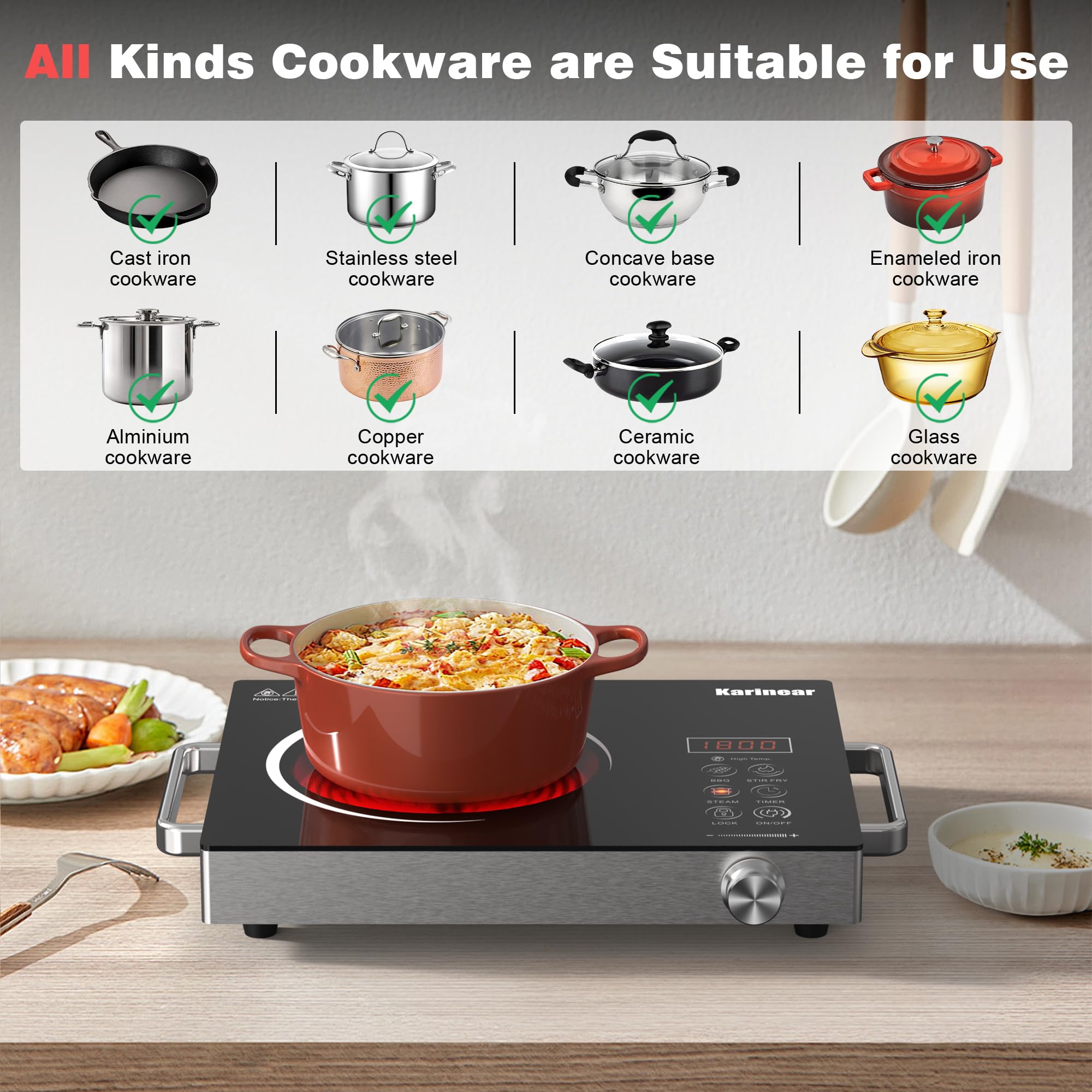 Karinear Portable Electric Stove 110V, 1800W Electric Hot Plate with Handle, Knob Control Single Burner Electri Cooktop, Ceramic Infrared Countertop Burner, Timer, Safety Lock(Green)