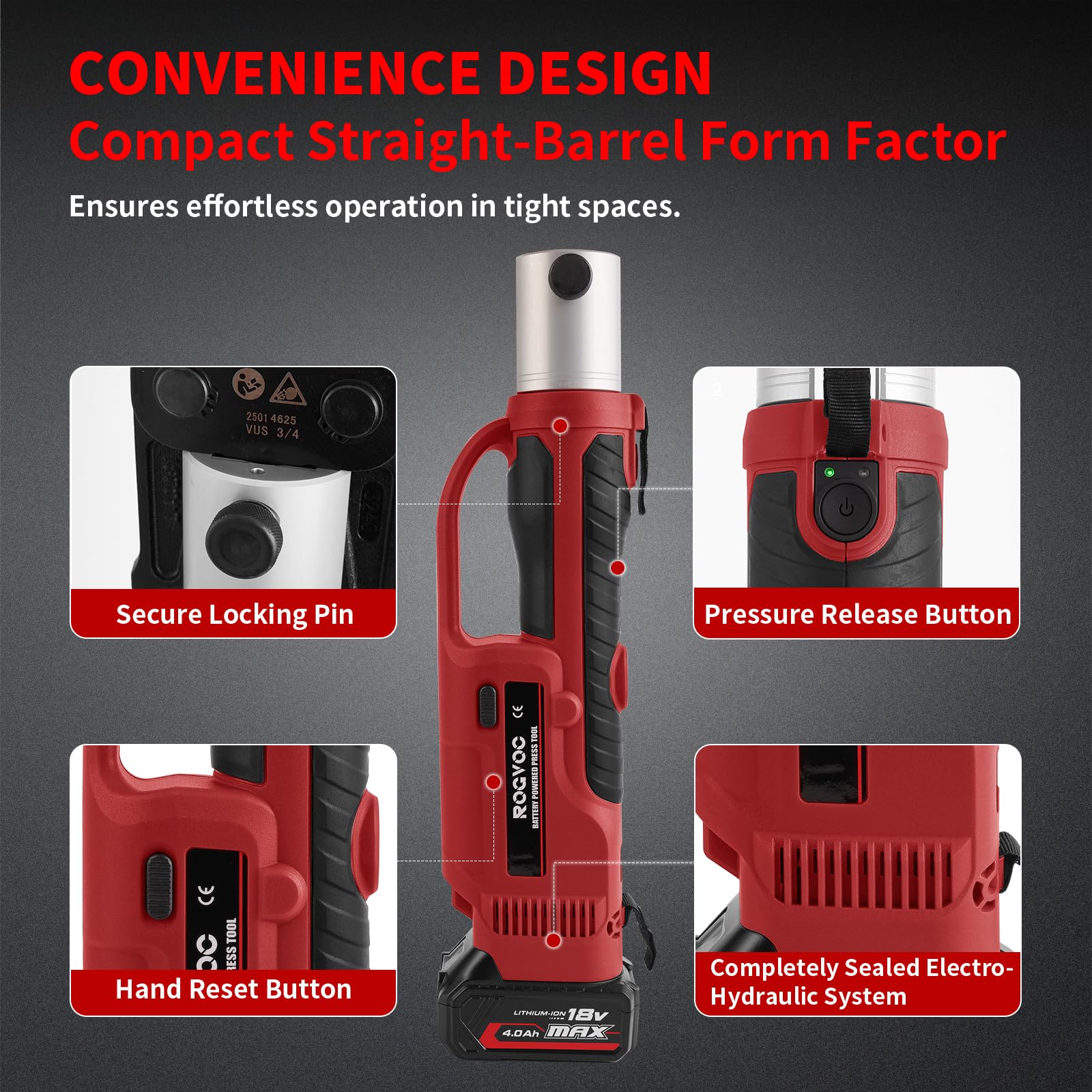 Cordless Pro Press Tool, with 3 Pro Press Jaws Tube Crimping Tool Kit for 1/2, 3/4, 1 inches Copper Pipes and Stainless Steel Pipes, 2pcs 4.0 Ah Battery and Charger, Carrying Case Included