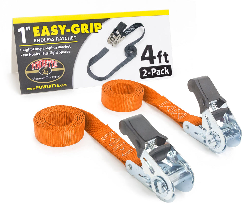 PowerTye 1in x 4ft Easy-Grip Light-Duty Endless Ratchet (no Hooks) - 400 lb. Working Load Limit / 1,200 lb. Breaking Strength - Black 2-Pack