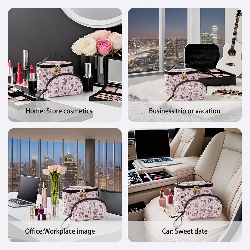 AmBealla Makeup Bag Large Waterproof Cosmetic Bags with Makeup Brush Holder,Cute Printed Makeup Organizer for Women Traveling,Portable Toiletry Bag for Girls