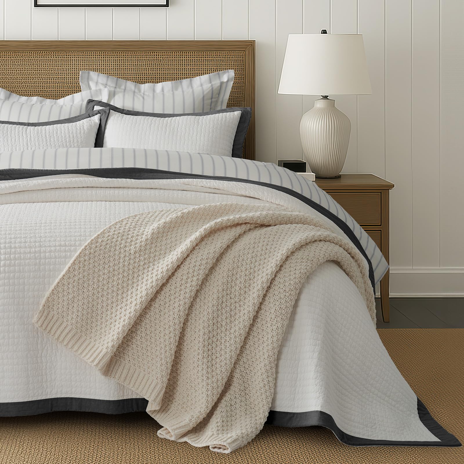 EVERGRACE Cotton Border Frame Tack-Stitch Quilt Bedding Set Queen Size, Coastal Oversized 3 Pieces Lightweight Bedspread Coverlet for All Season, with 2 Matching Shams, Blue Linen
