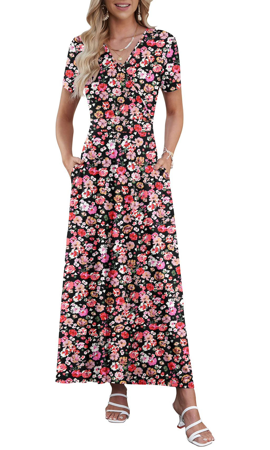 AUSELILY Maxi Dresses for Women Ankle Length Floral Print Beach Long Flowy Dress with Pockets