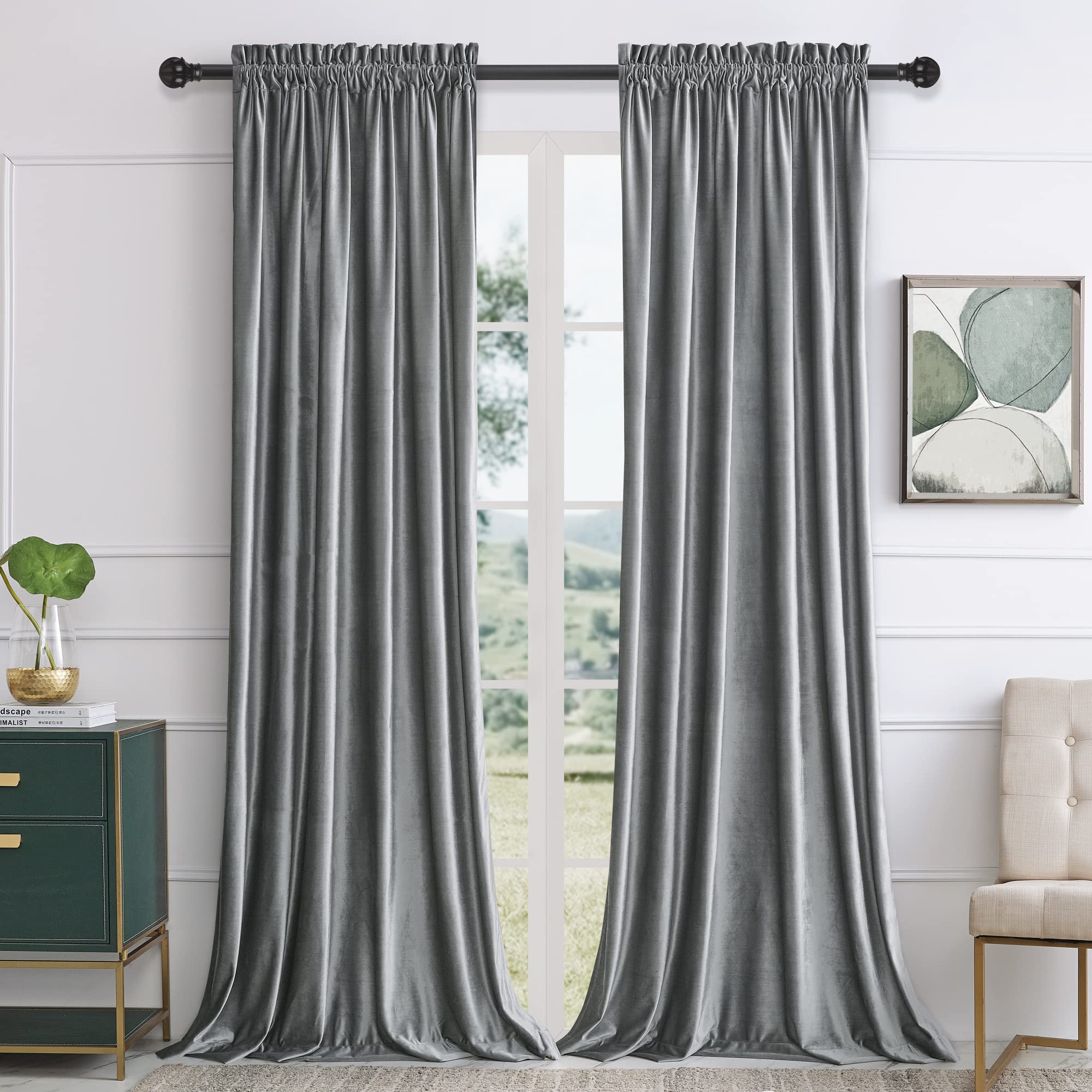 Champagne Beige Velvet Curtains 63 inches for Living Room Luxury Room Darkening Curtain Elegant Bedroom Thermal Insulated Modern Heavy Thick Soft Soundproof Rod Pocket Window Drapes Set of 2 Panels
