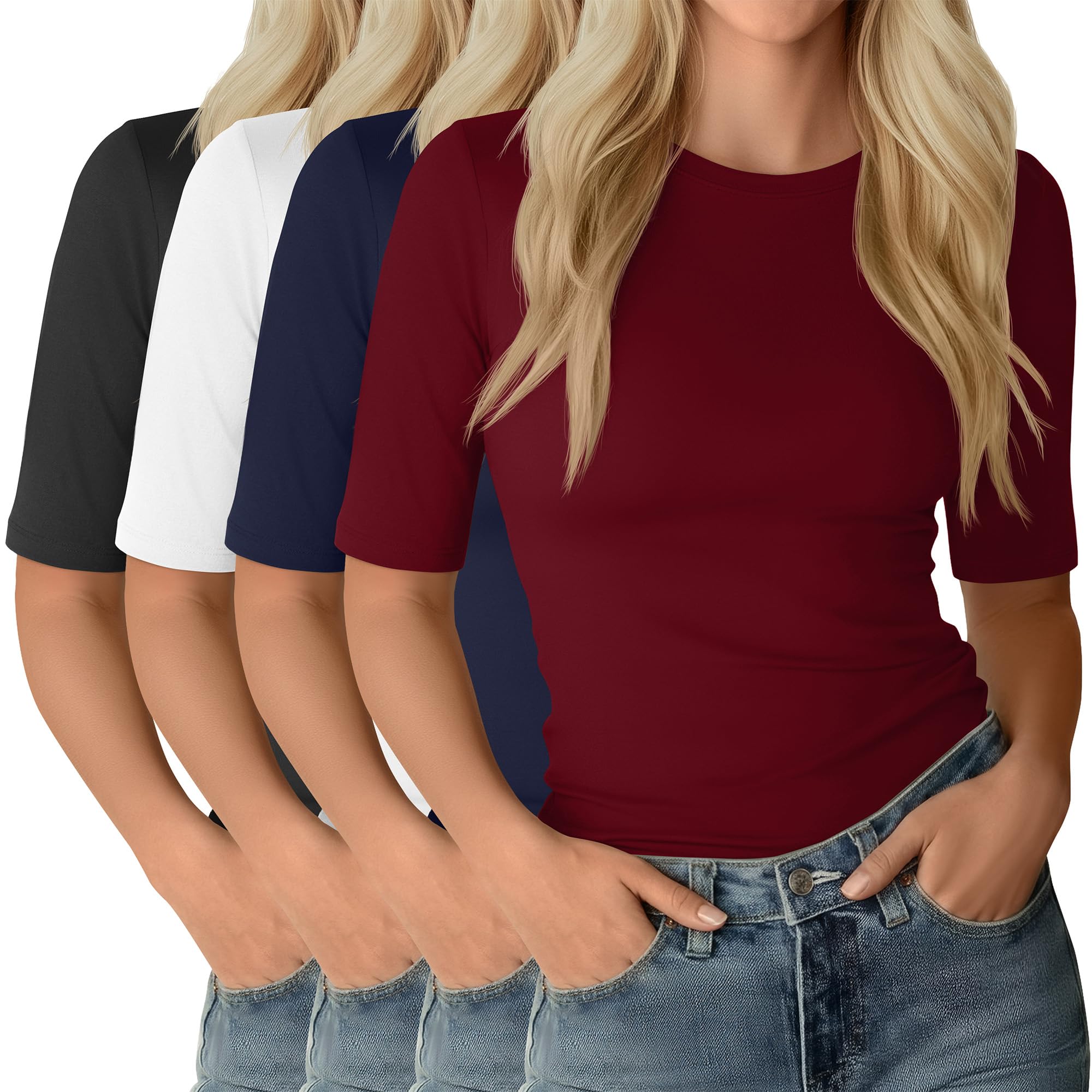 Neer 4 Pack Women's Half Sleeve Tops Elbow Length Slim Fit Crewneck T-Shirts 1/2 Sleeve Casual Summer Basic Tees