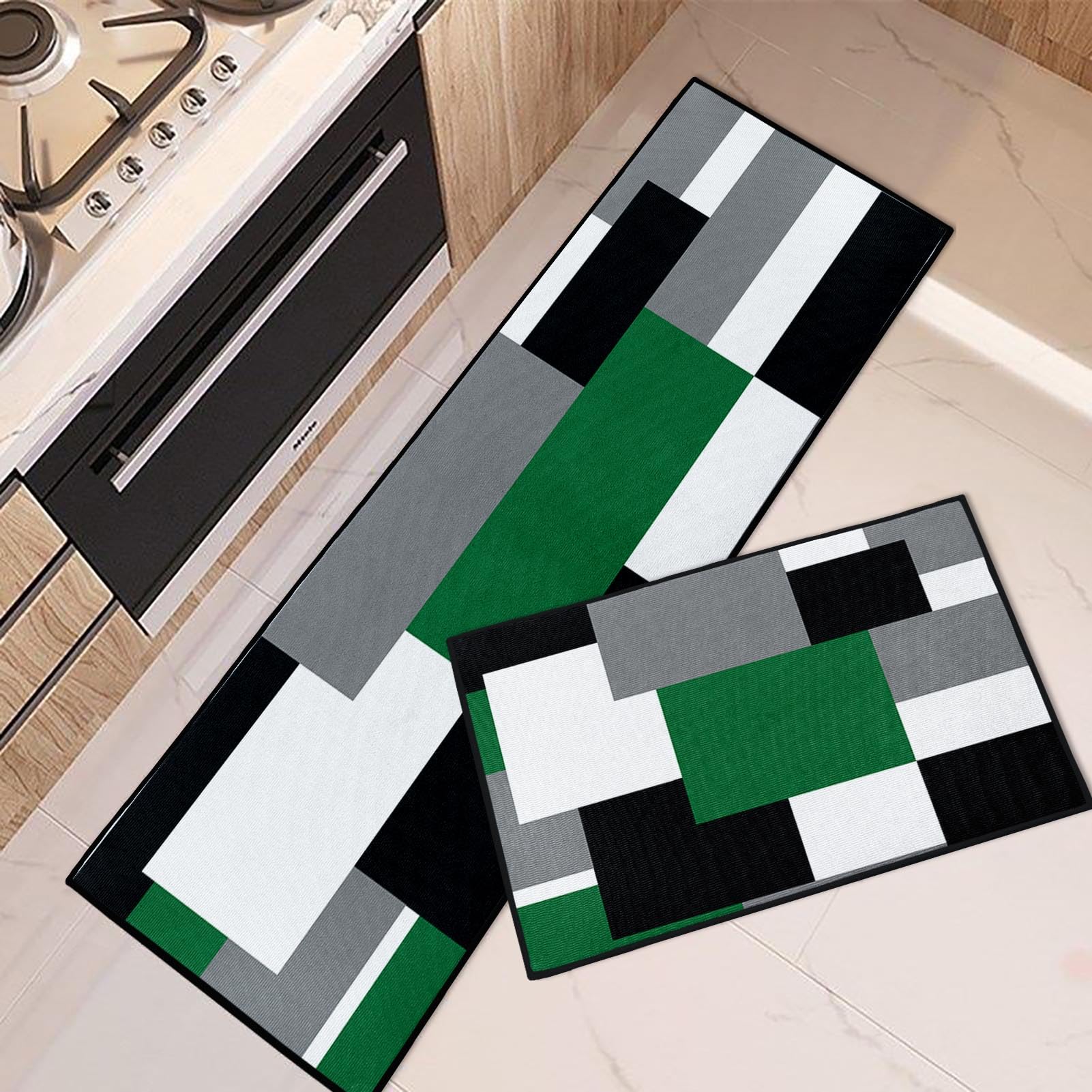 Blue Kitchen Rugs and Mats Non Skid Washable Set of 2, Grey White Modern Abstract Mats for Floor, Geometric Painting Runner Rug Graffiti Art Kitchen Decor