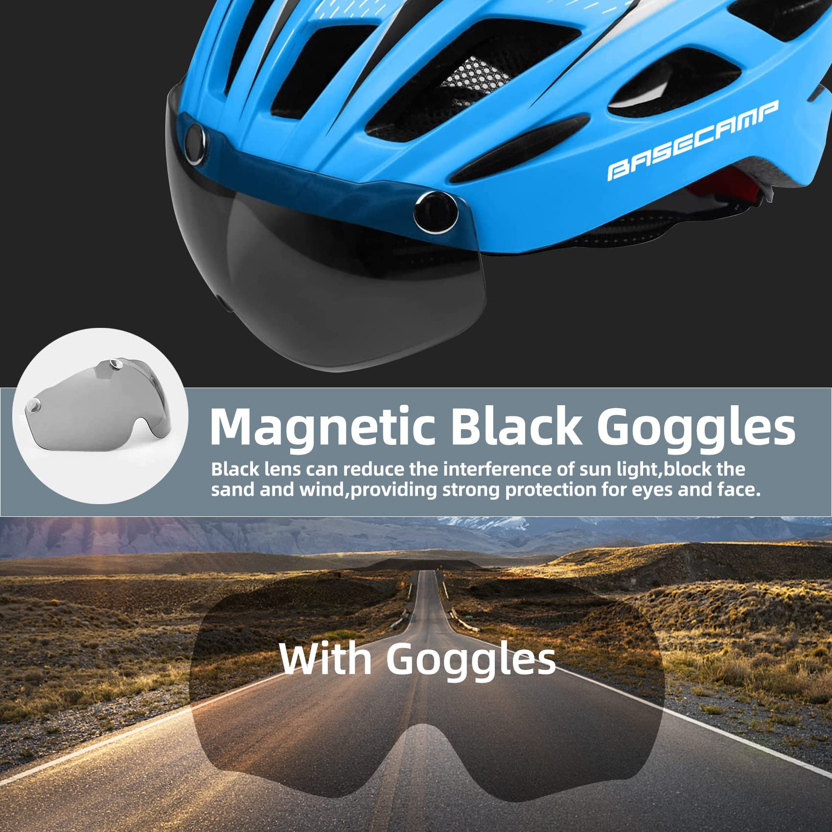 Bike Helmet, Basecamp Bicycle Helmet with Rear Light & Detachable Magnetic Goggles Lightweight Cycling Helmet Adjustable for Adult Men Women Mountain & Road (BC-069)