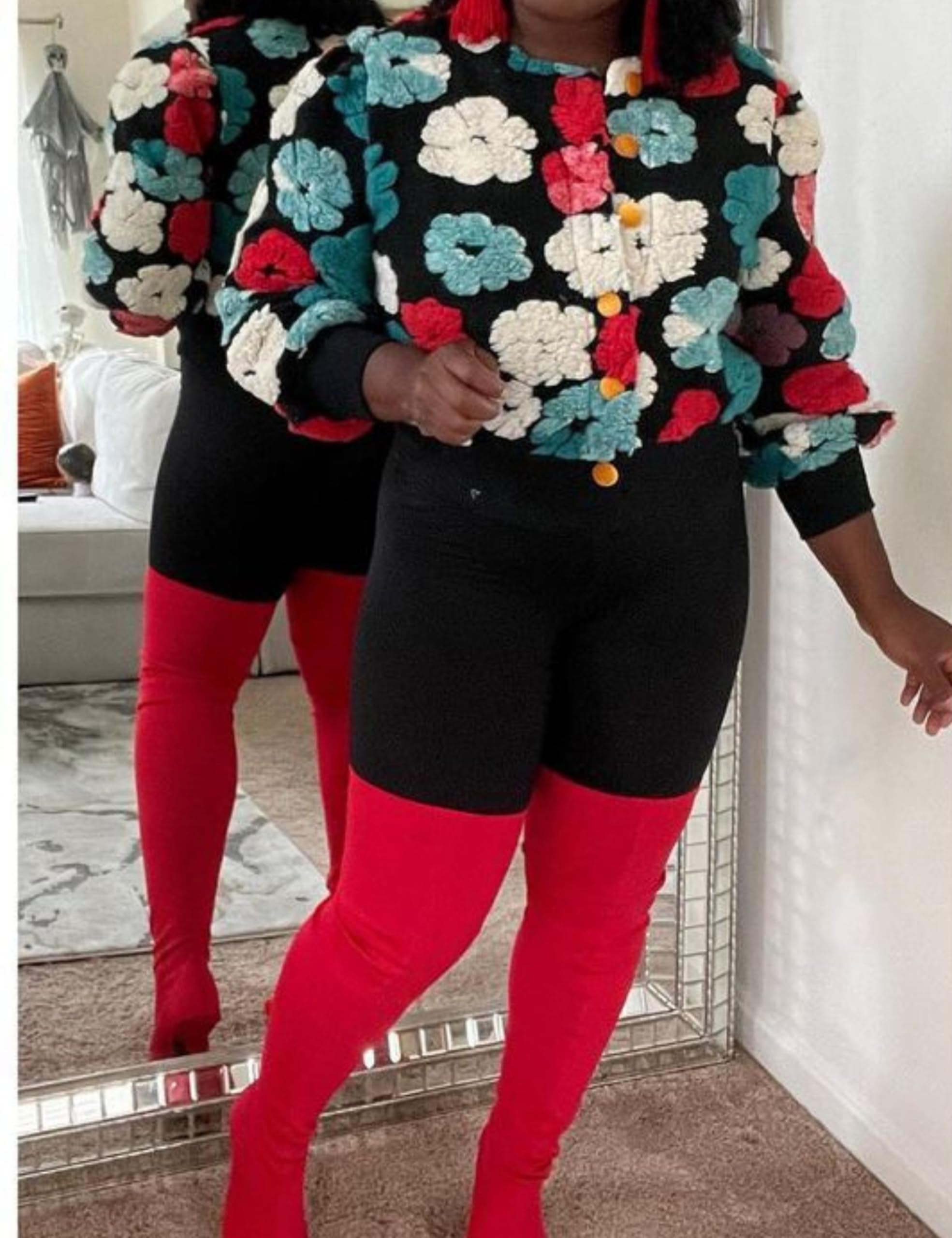 Womens Cropped Floral Print Jacket Warm Fleece Bomber Jacket Casual Button Down Coats Fall Puff Outerwears