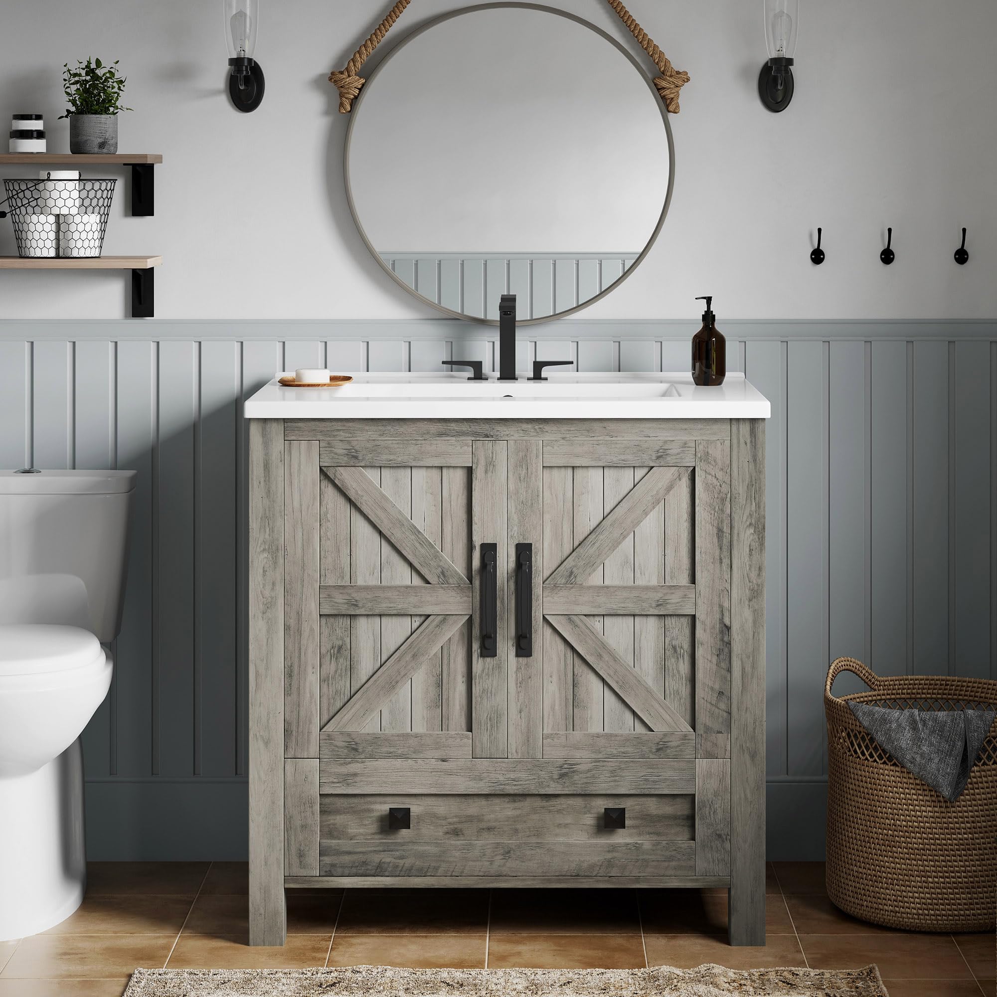 YITAHOME 30 Inch Farmhouse Bathroom Vanity with Sink, Small Space Bathroom Storage Cabinet with Large Drawer, 2 Wood Barn Doors with Built-in Door Racks