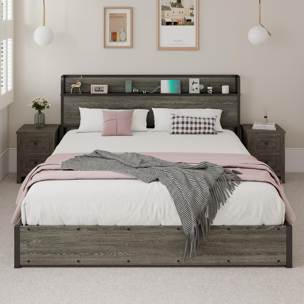 LUXOAK Full Size Lift Up Storage Bed, Wood Platform Bed Frame with Storage Headboard & Charging Station, No Box Spring Needed, Easy Assembly, Black