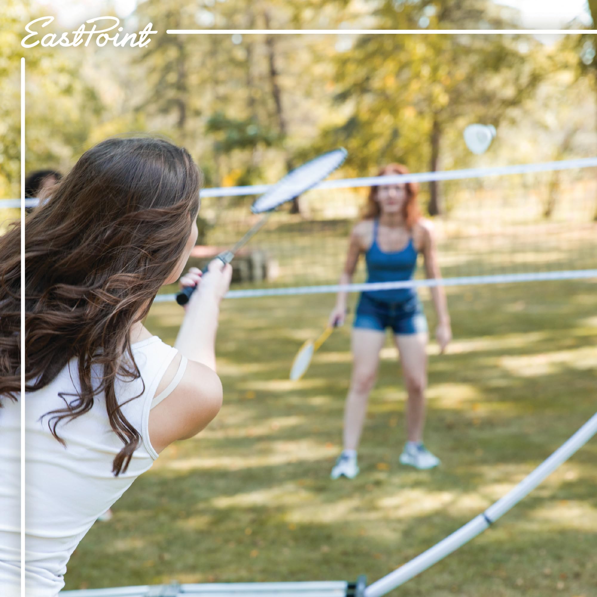 EastPoint Easy Setup Badminton Set - 15 ft Net, 4 Rackets, 2 Shuttlecocks - Quick Setup Net for Backyard Games - Steel Shaft Badminton Rackets for Family Games - Durable Shuttlecocks for Outdoors