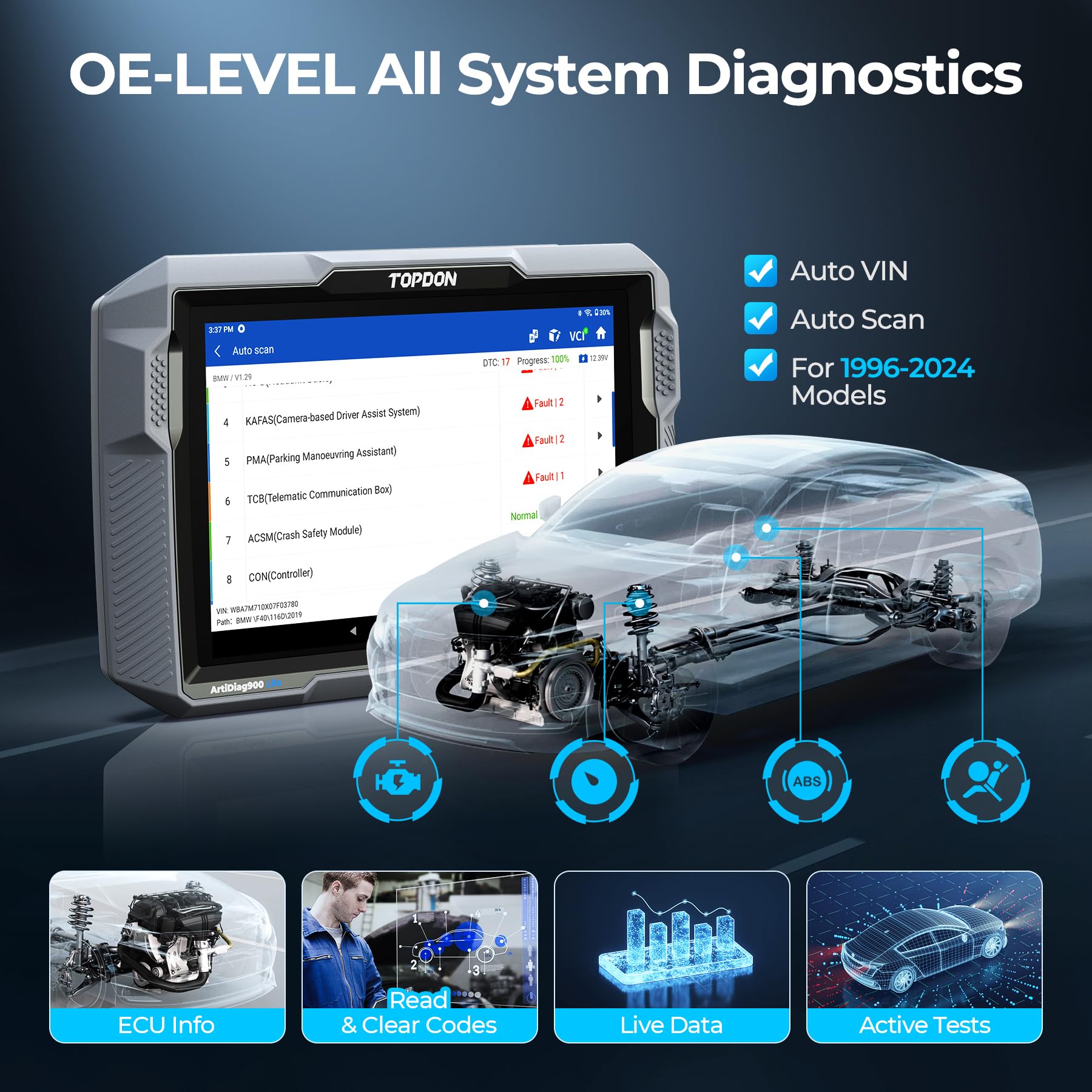 TOPDON Bidirectional Scan Tool, 2026 New ArtiDiag900 Lite Automotive Diagnostic Tool for Full System, Scanner for Car with Active Test, 8 Reset, Wireless OBD2 Scanner Diagnostic Tool for All Vehicles