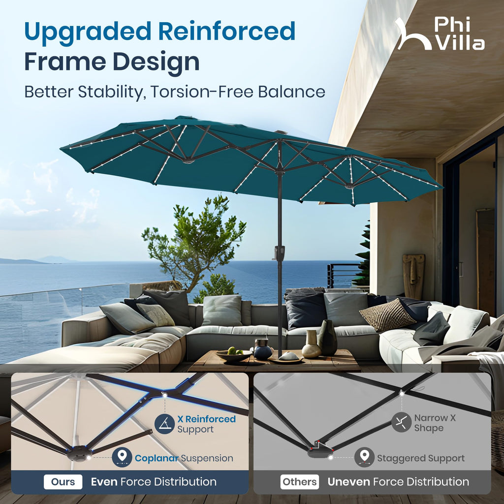 PHI VILLA 13ft Patio Umbrella with Solar-Powered 120 PCS LED Color-Changing Lights, Triple-Head Large Rectangle Umbrella Outdoor Patio for Table with Crank Lift,Beige(No Base)