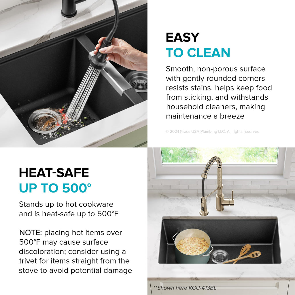 KRAUS Quarza 31-inch Undermount Single Bowl Granite Kitchen Sink in Black Onyx, KGU-413B
