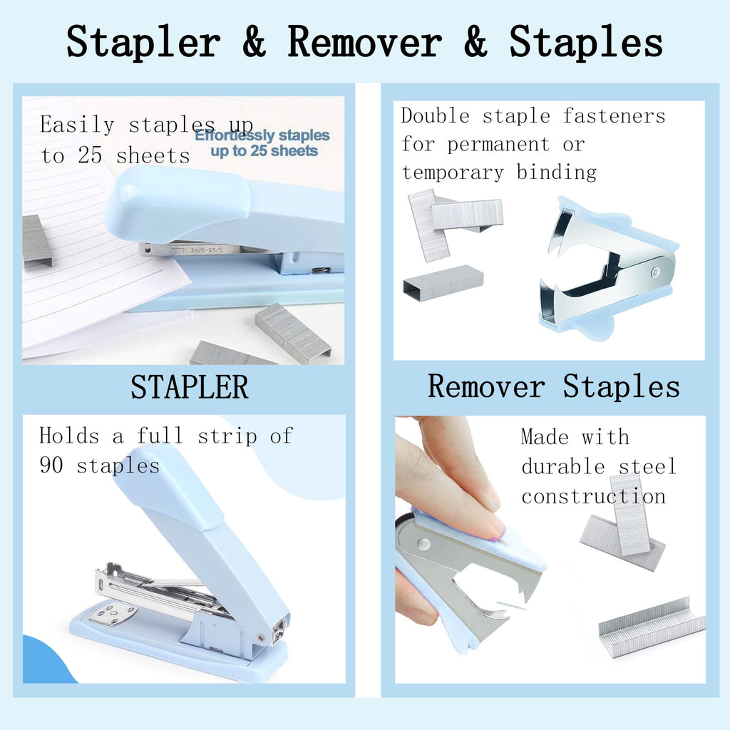 Dimonluce Office Desk Accessories, Black Office Supplies Accessories with Tape Dispenser, Stapler, Staple Remover, 1000 Staples, Tape, Clips Set, Ruler, Scissor, Pen