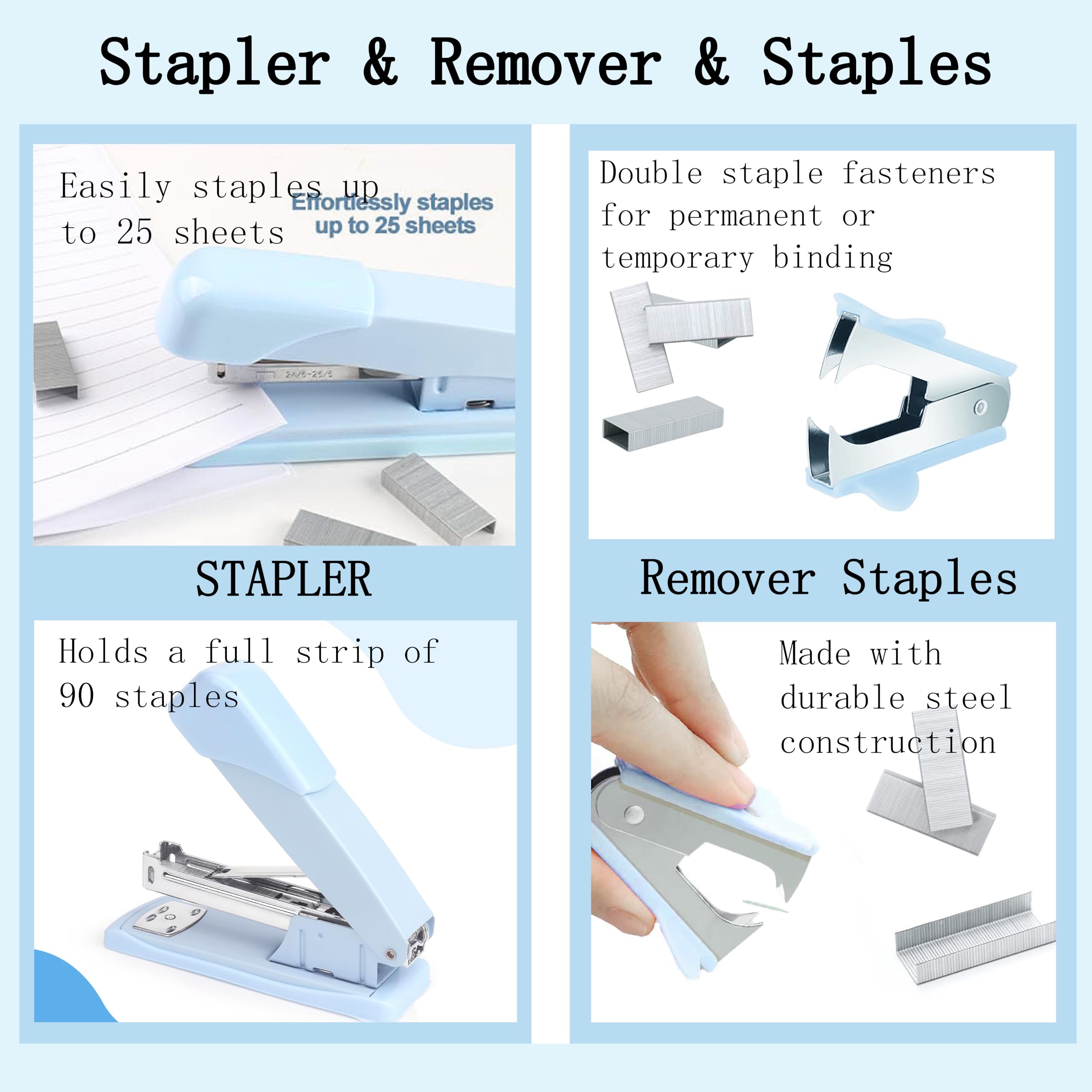 Dimonluce Office Desk Accessories, Black Office Supplies Accessories with Tape Dispenser, Stapler, Staple Remover, 1000 Staples, Tape, Clips Set, Ruler, Scissor, Pen