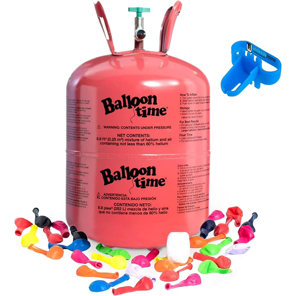 Helium Tank for Balloons At Home, 14.9 Cu Ft Helium Balloon Pump Kit with 50 Assorted Latex Balloons, White Curling Ribbon and Wholesalehome Balloon Tie Tool