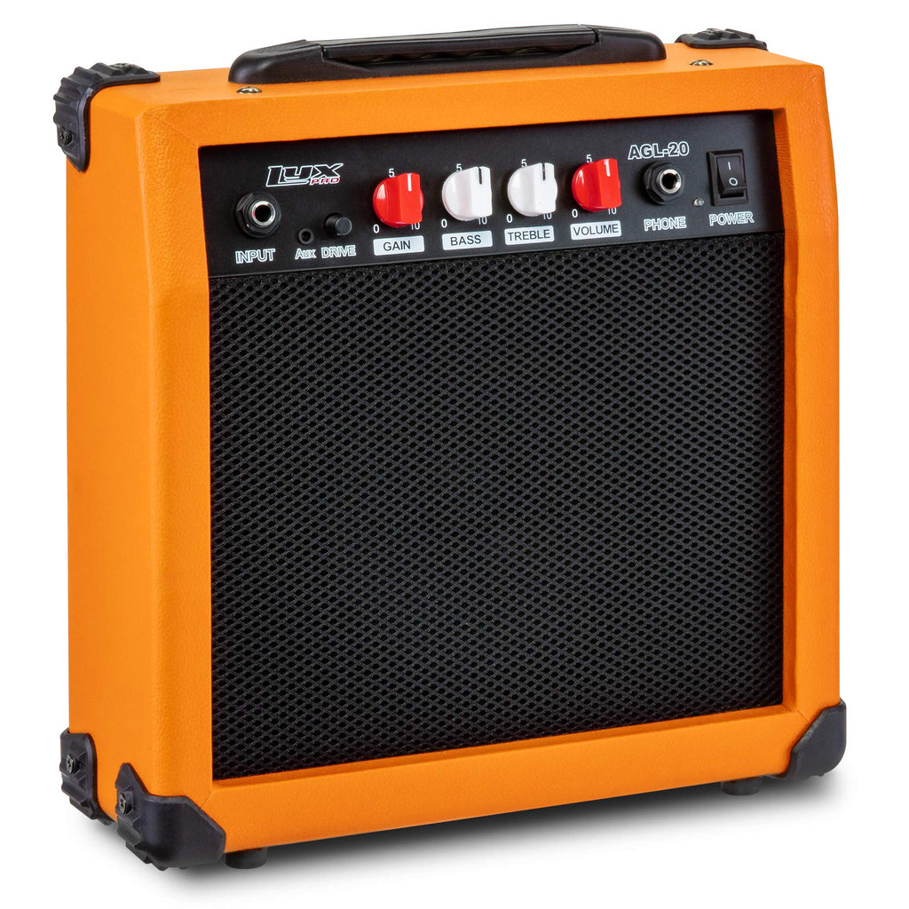 LyxPro Electric Guitar Amp 20 Watt Amplifier Built in Speaker Headphone Jack and Aux Input Includes Gain Bass Treble Volume and Grind - Black