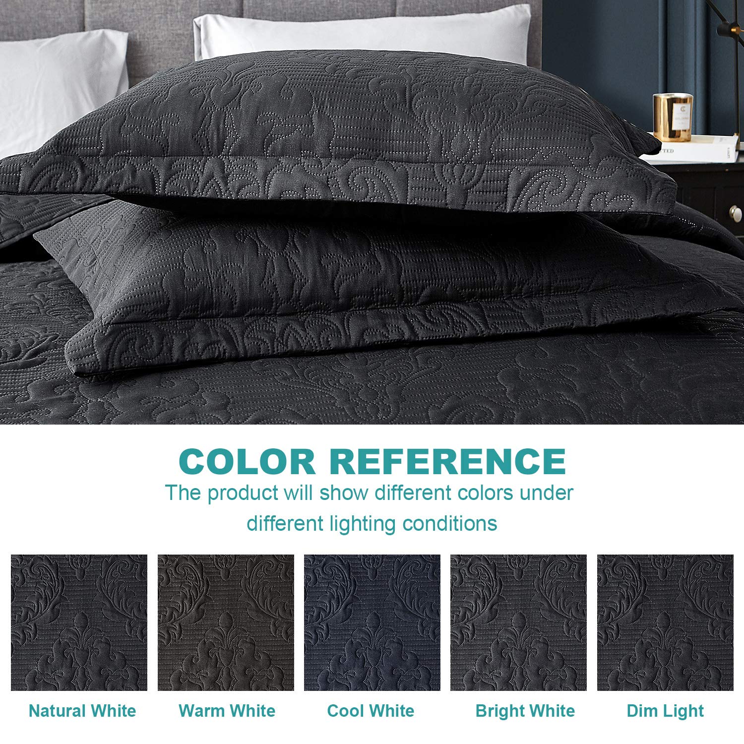 Hansleep Black Quilt Twin Size - Damask Ultrasonic All Season Bedspread Twin, Soft Lightweight Coverlet Bedding Set, 2 Pieces (1 Quilt, 1 Pillow Sham)