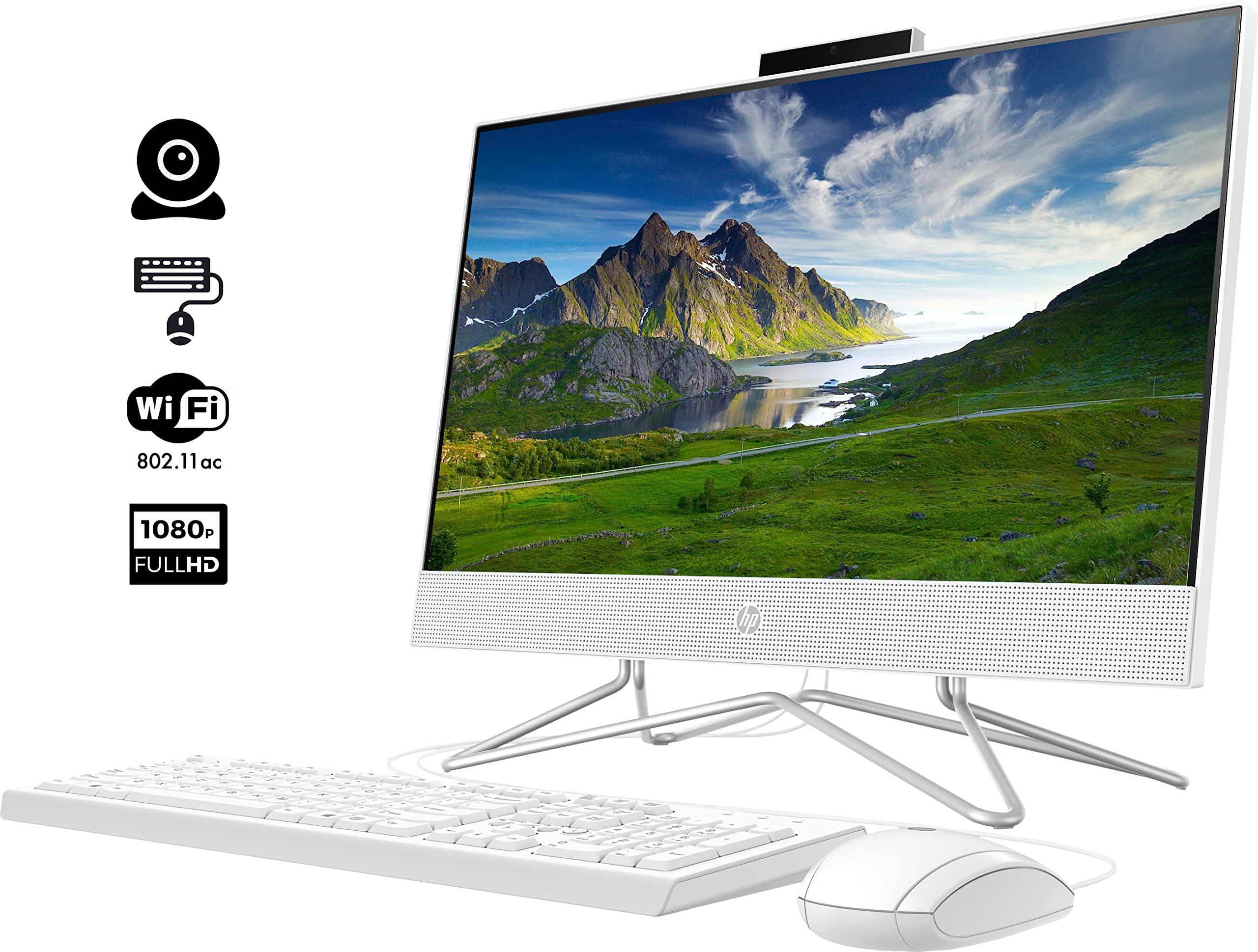 HP 2022 All-in-One Desktop, 21.5" FHD Display, Intel Celeron J4025 Processor, 8GB RAM, 256GB PCIe SSD, Webcam, HDMI, RJ-45, Wired Keyboard&Mouse, WiFi, Windows 11 Home, White