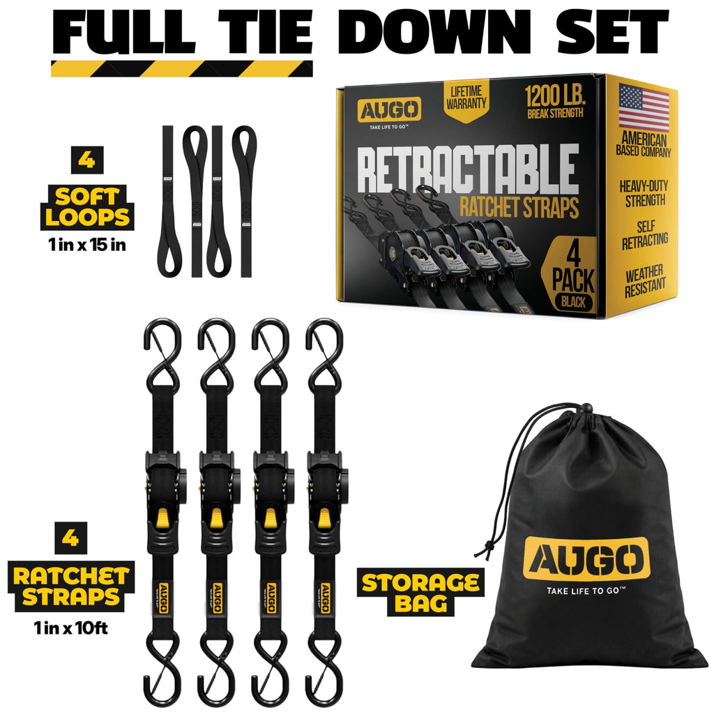 AUGO Retractable Ratchet Straps | 2 Heavy Duty Ratchet Straps Self Retractable Tie Downs with Soft Loops & Storage Bag for Motorcycle, Truck, Trailer, Cargo Van | 1200 Lb Break Strength 1” x 10’