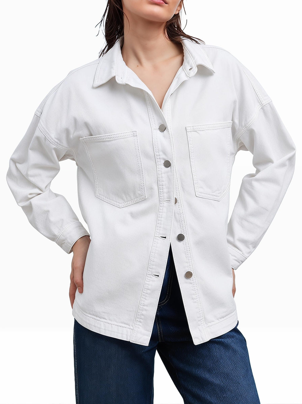 LifeShe Women Denim Shirt Jean Jacket Oversize Button Down Shirt Long Sleeve Jean Tops Trendy Shackets