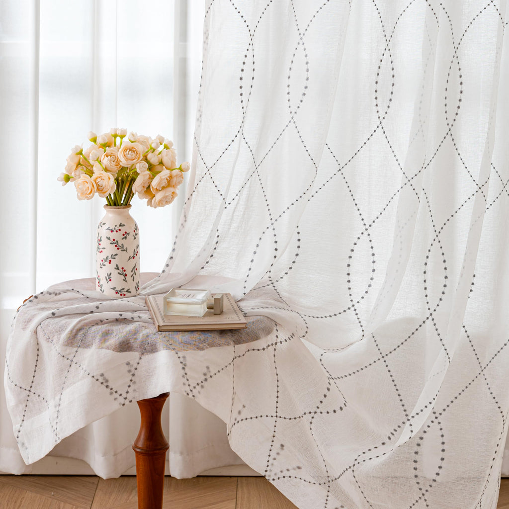 VISIONTEX Sheer Curtains 63 Inches Long 2 Panels Set, Beige and Ivory Moroccan Embroidery Texture Geometric Rod Pocket White Voile Tulle Semi Window Treatment Pair for Bedroom, W54 x L63