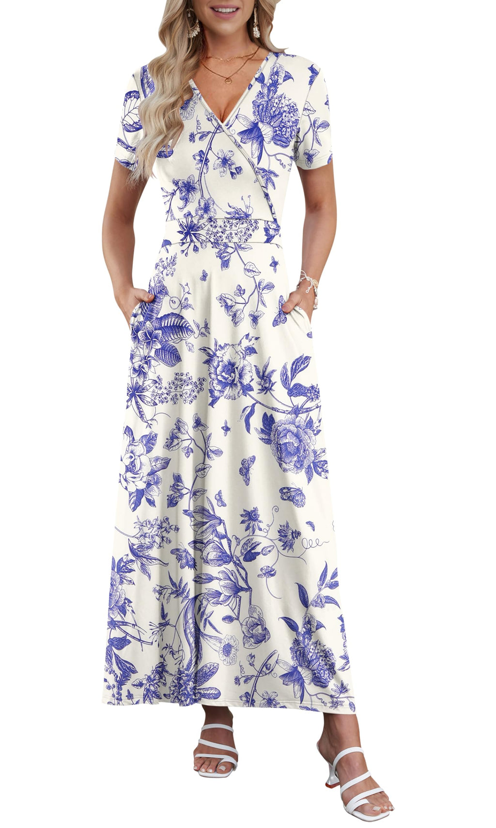 AUSELILY Maxi Dresses for Women Ankle Length Floral Print Beach Long Flowy Dress with Pockets