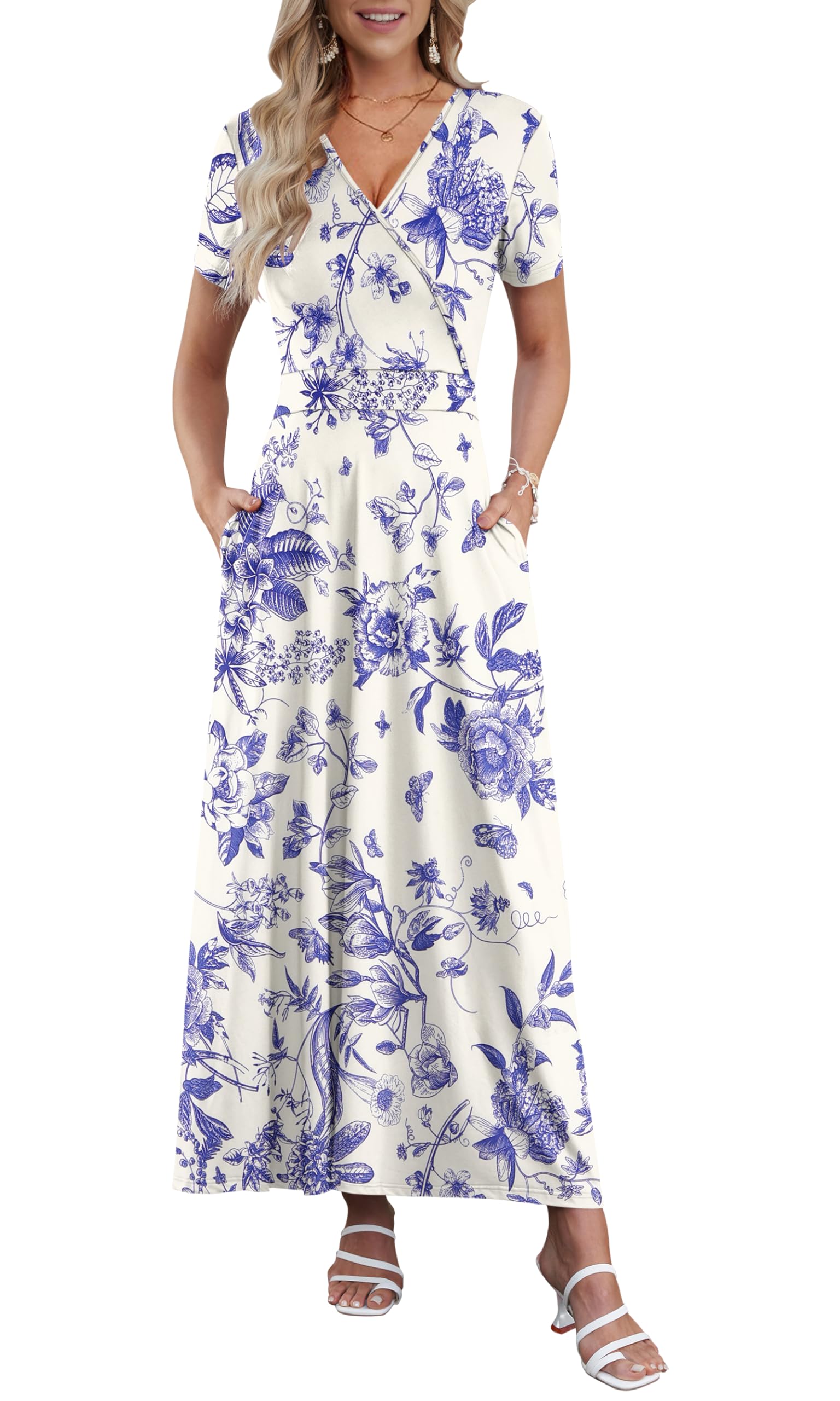 AUSELILY Maxi Dresses for Women Ankle Length Floral Print Beach Long Flowy Dress with Pockets