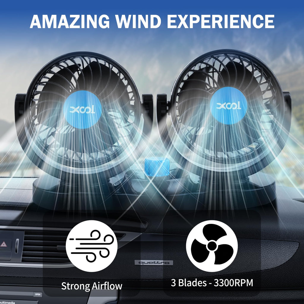 XOOL Clip Car Fan, 9 Inches 12V/24V Fan, 360° Rotatable Electric Cooling Clip on Fan with Stepless Speed Regulation for SUV, RV, Truck