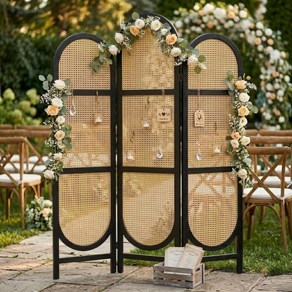 Hand-Woven Rattan Room Divider 3 Panels, 5.9 Ft Tall Wood Room Divider Panel, Partition Screen Divider Wall, Folding Privacy Screen, Wall Divider for Room Separation Home Office - Black
