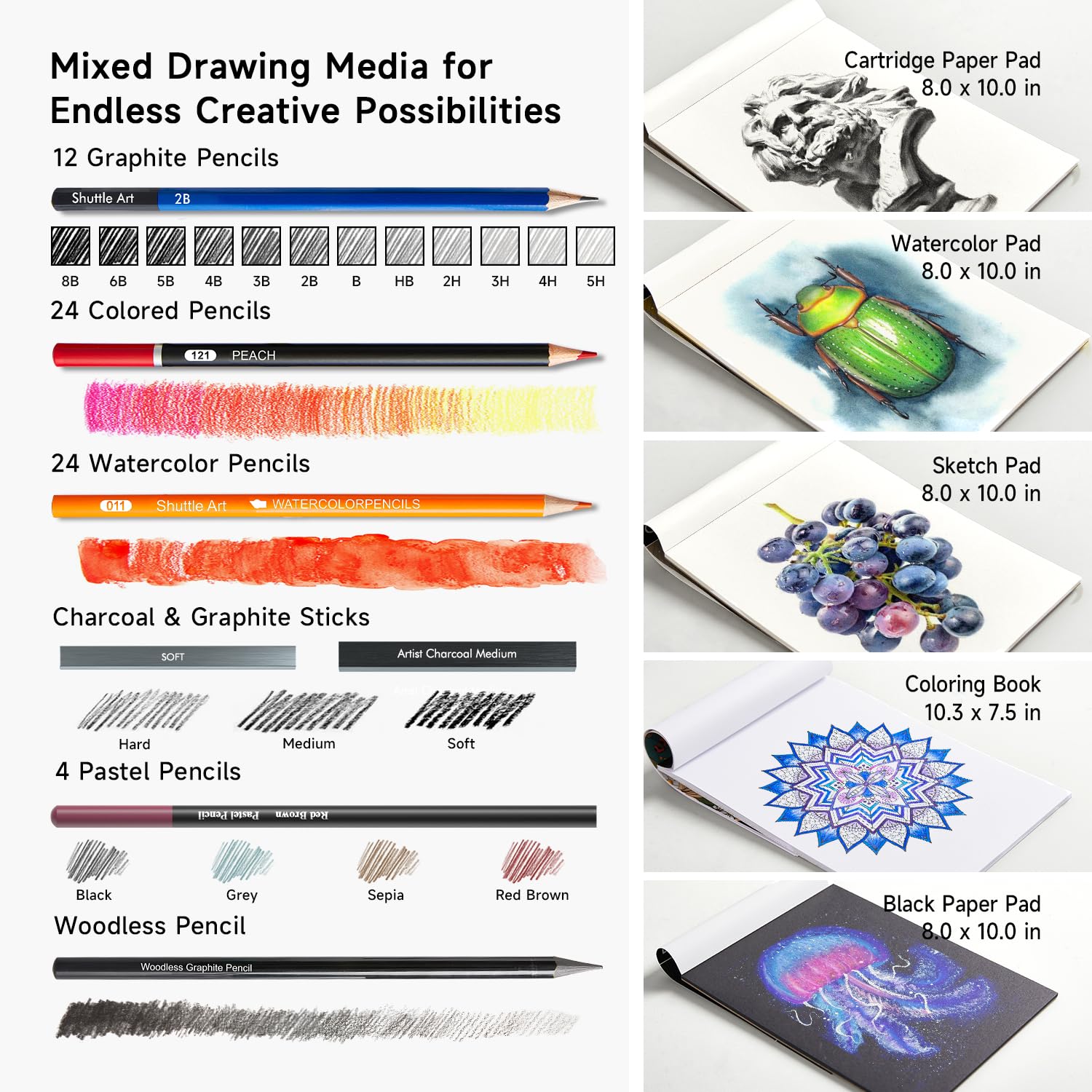 Shuttle Art 103 PCS Drawing Kit, Professional Drawing Supplies with Sketch, Charcoal, Colored, Graphite, Pastel Pencils & Sticks, Complete Drawing Tools and Paper Pads in Zipper Case for Artists&Kids